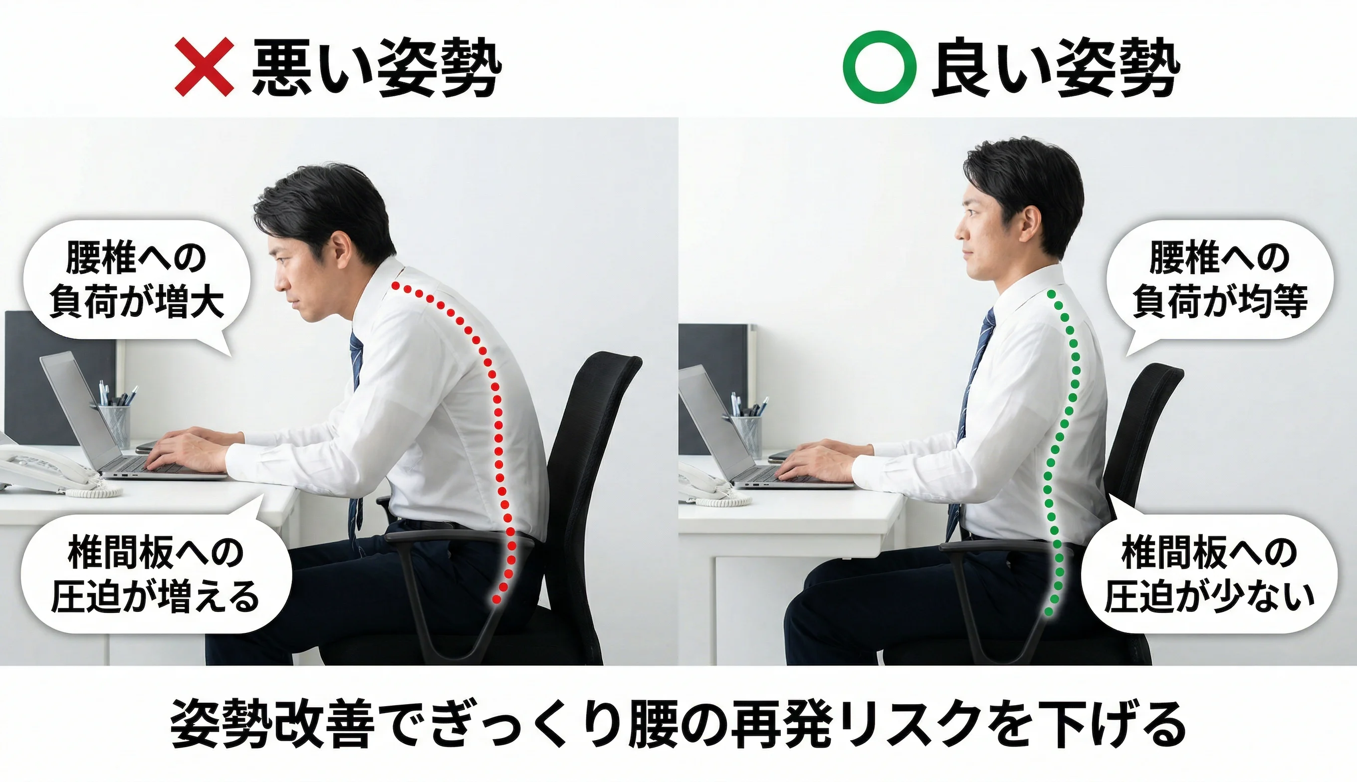 良い姿勢と悪い姿勢の比較図（脊椎への負荷の違い）