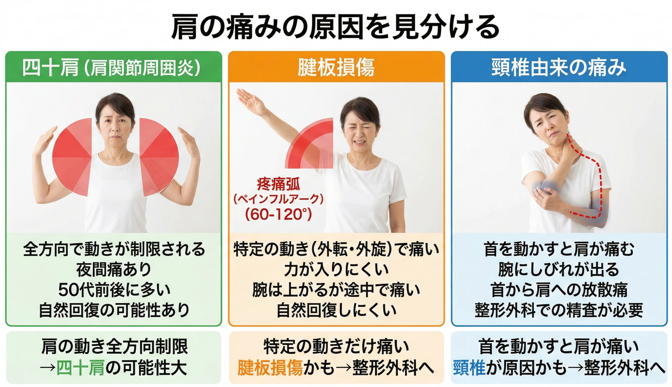 四十肩と腱板損傷・頸椎由来の痛みの見分け方の図解