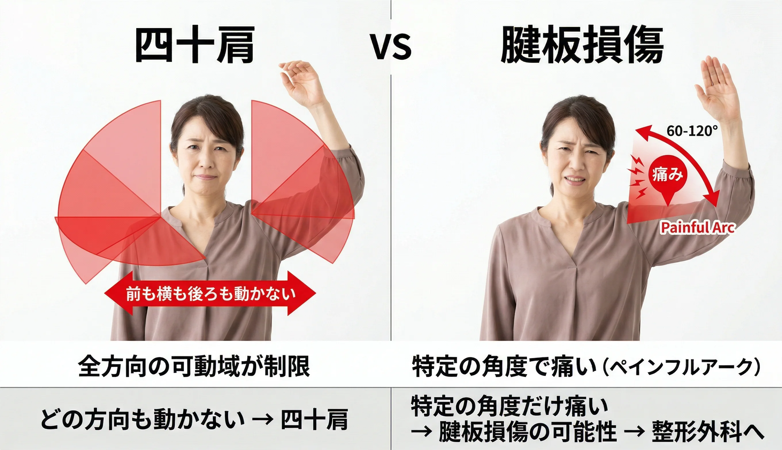四十肩と腱板損傷の動き方比較（全方向の制限と特定動作の痛み）