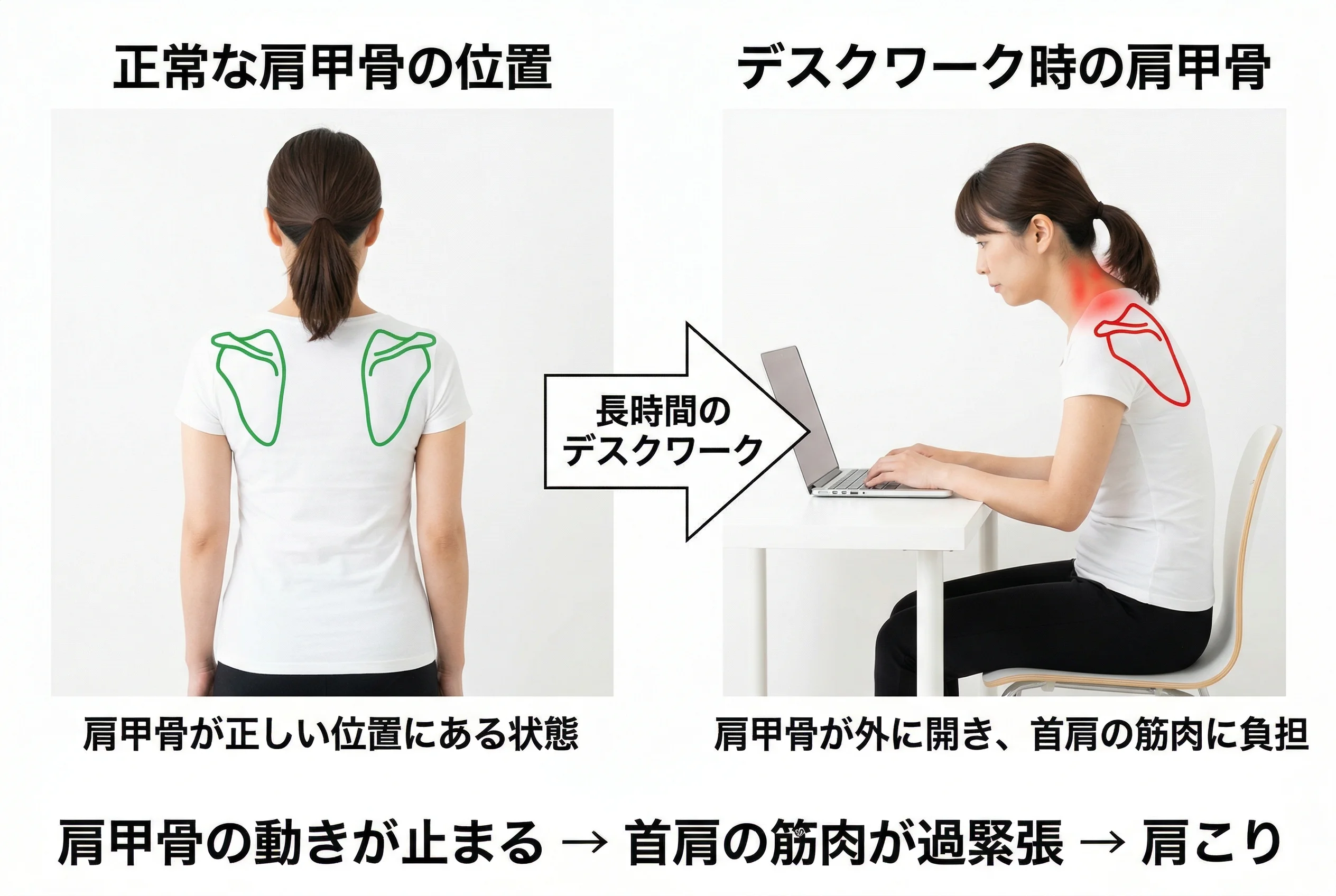 肩甲骨の位置と肩こり発生メカニズムの図解