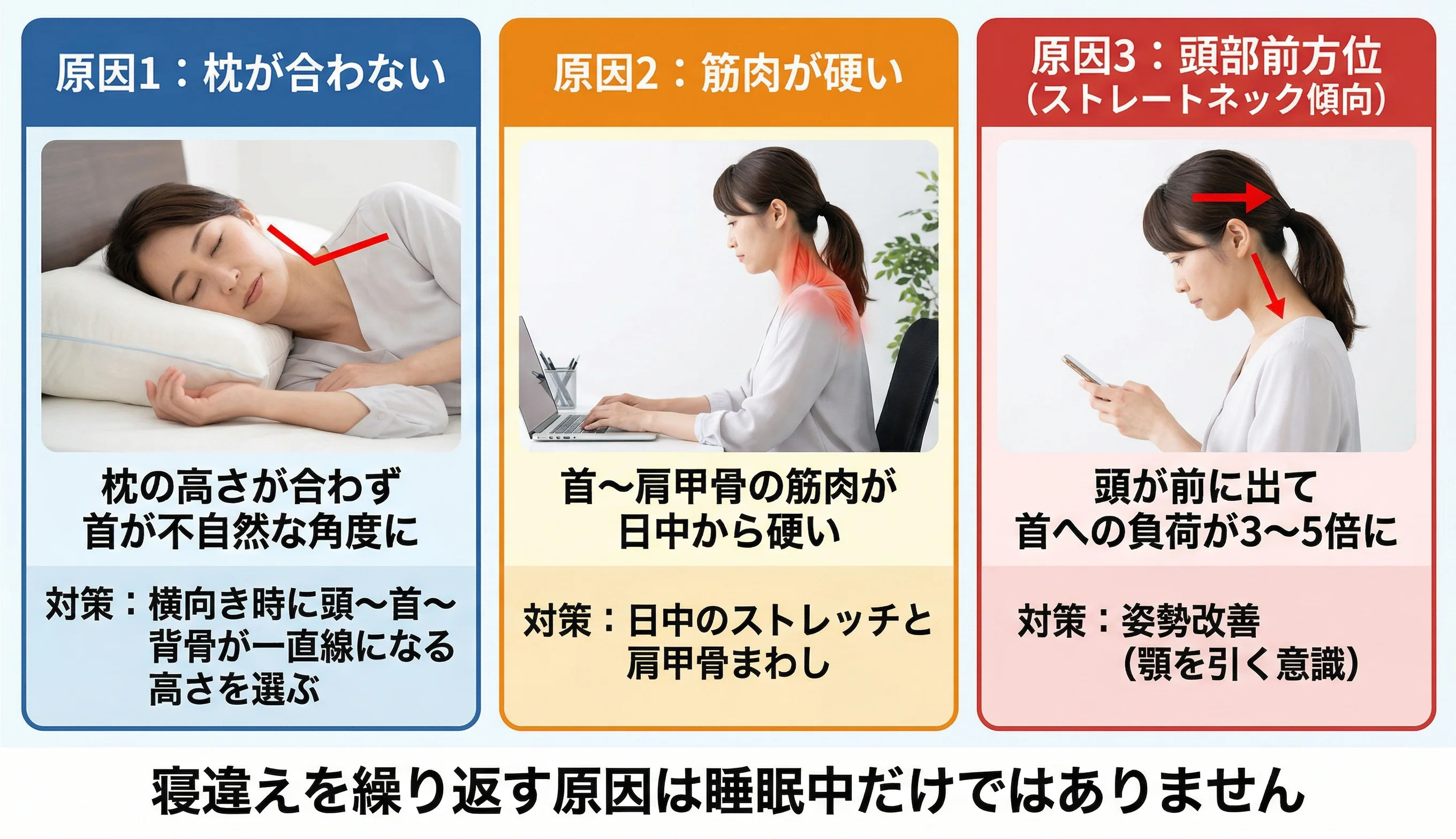 寝違えの3つの根本原因の解説図(枕・筋肉・姿勢)