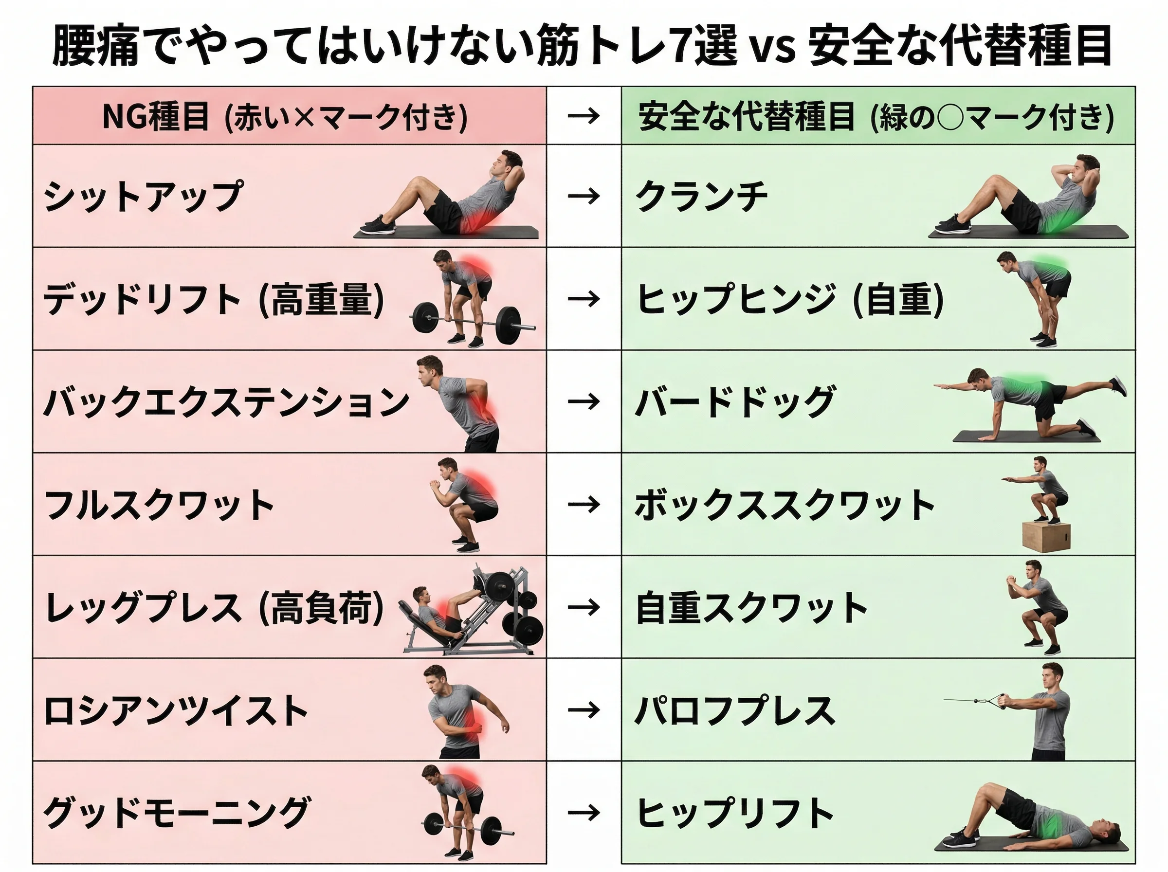 腰に負担のかかる筋トレ7選と代替種目の解剖図