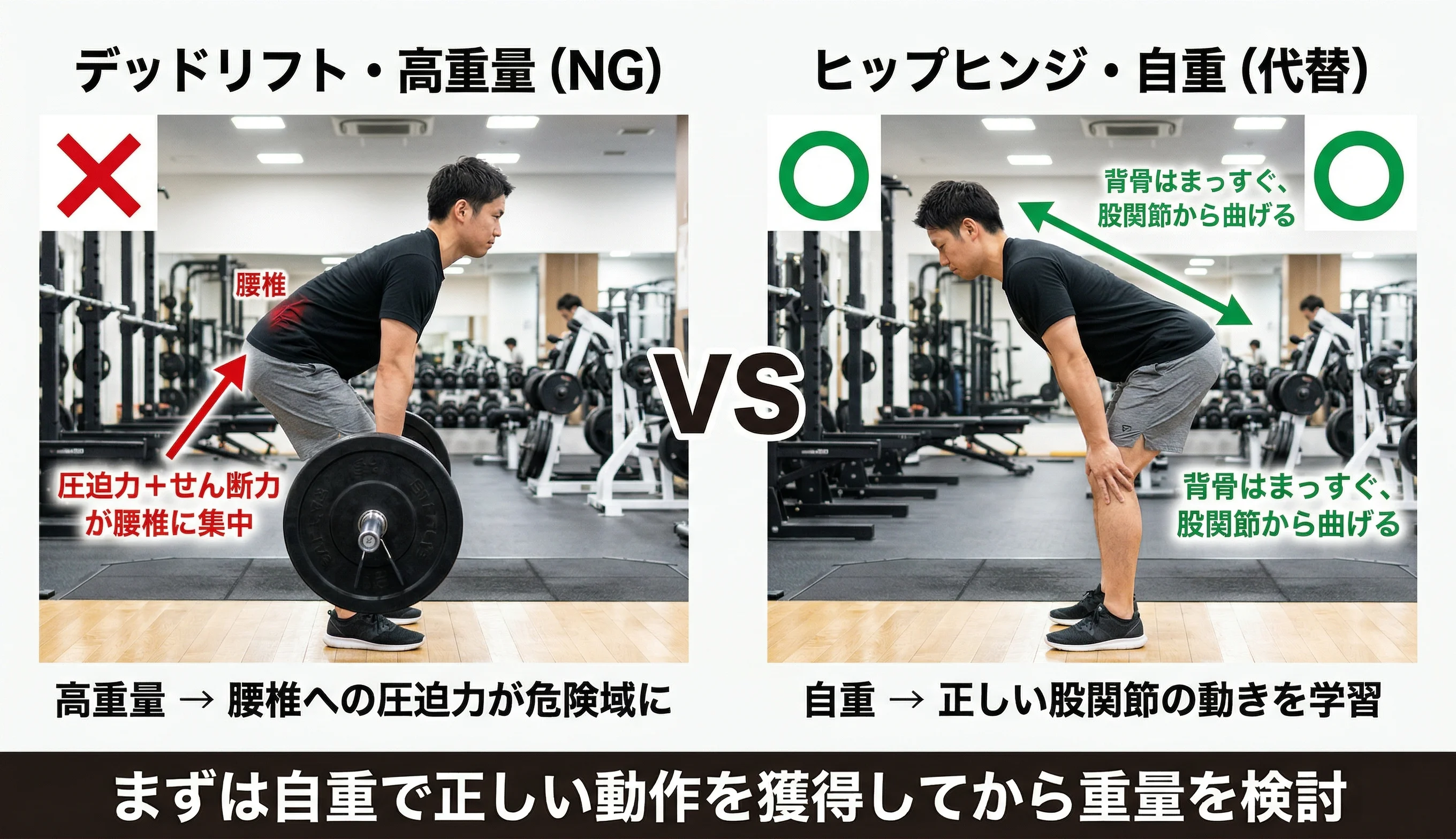 デッドリフト（NG）とヒップヒンジ（代替）のフォーム比較