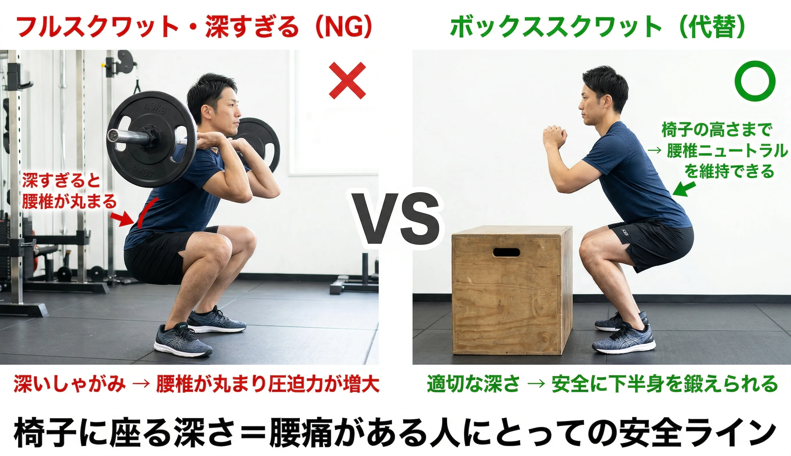 フルスクワット（NG）とボックススクワット（代替）のフォーム比較