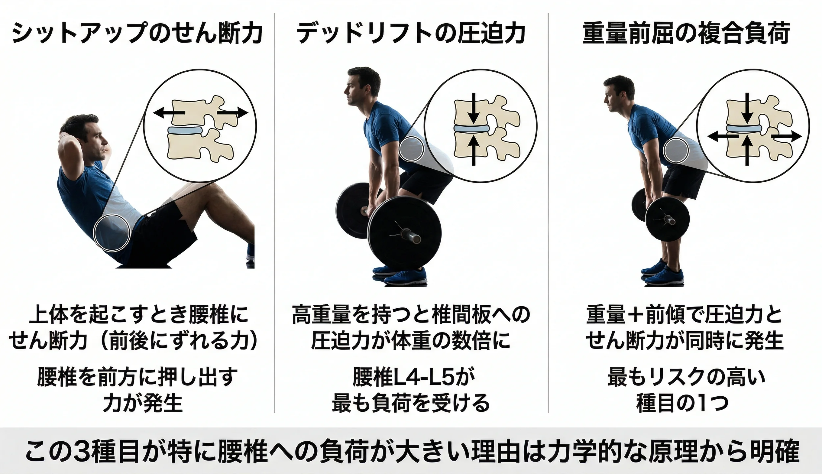 シットアップ・デッドリフト・重量前屈の脊椎負荷図