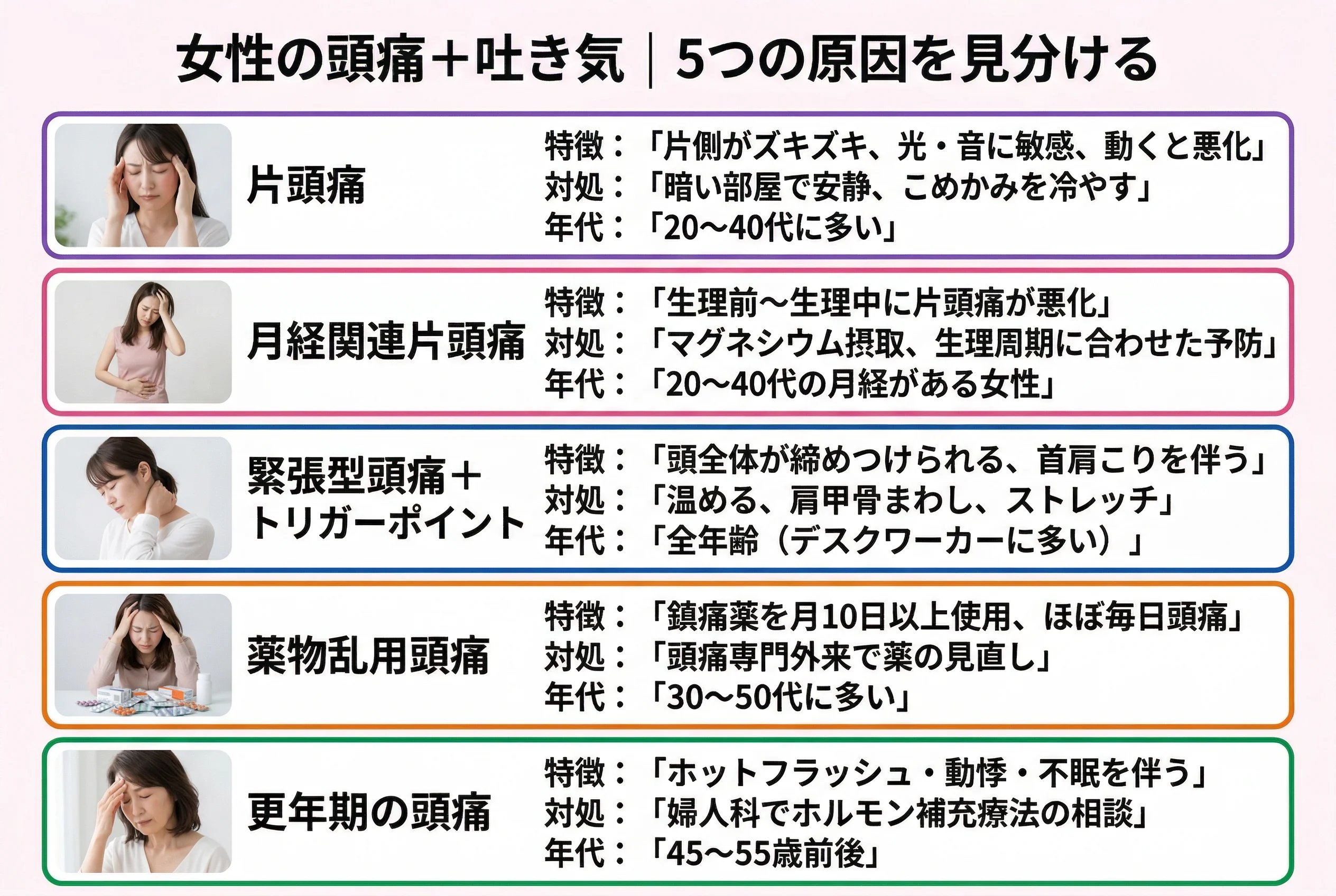 頭痛と吐き気の5つの原因と対処法の比較表