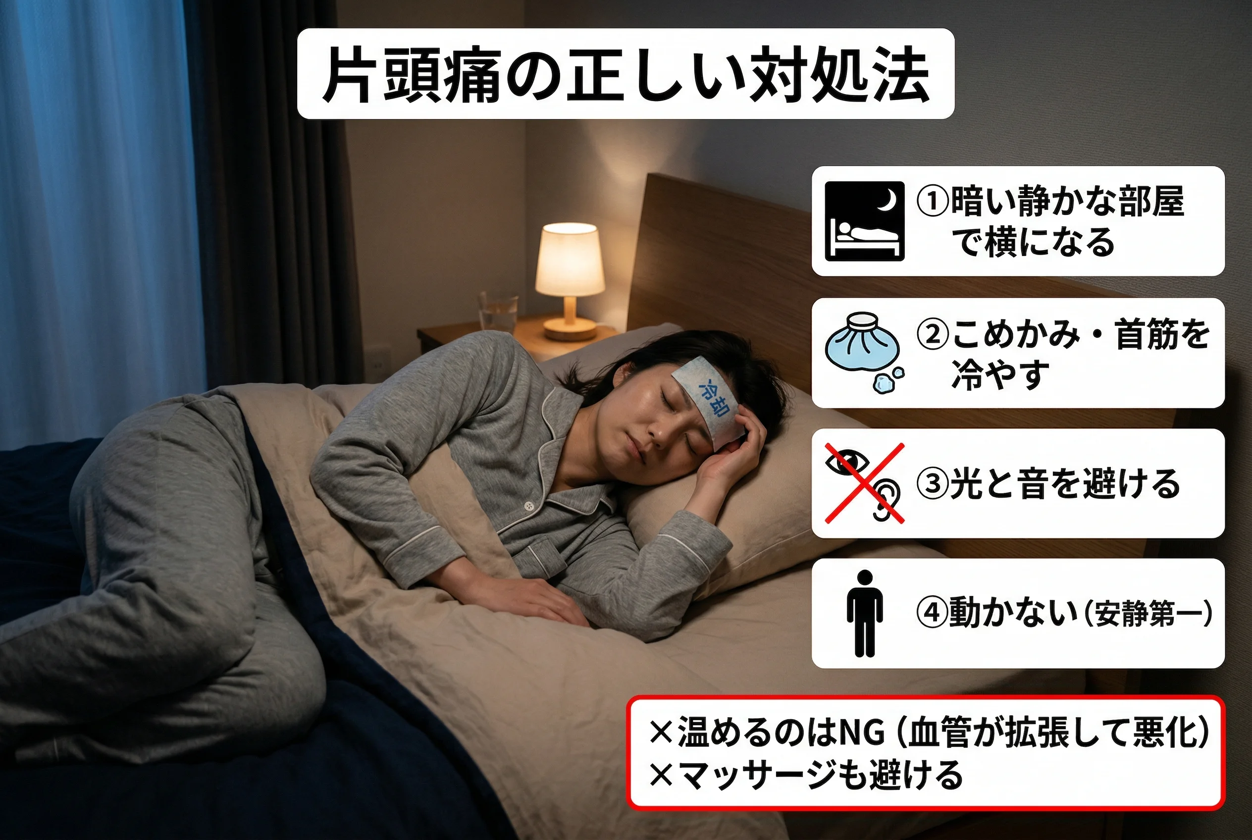 片頭痛の正しい対処法（暗い部屋で安静と冷却）のイメージ図