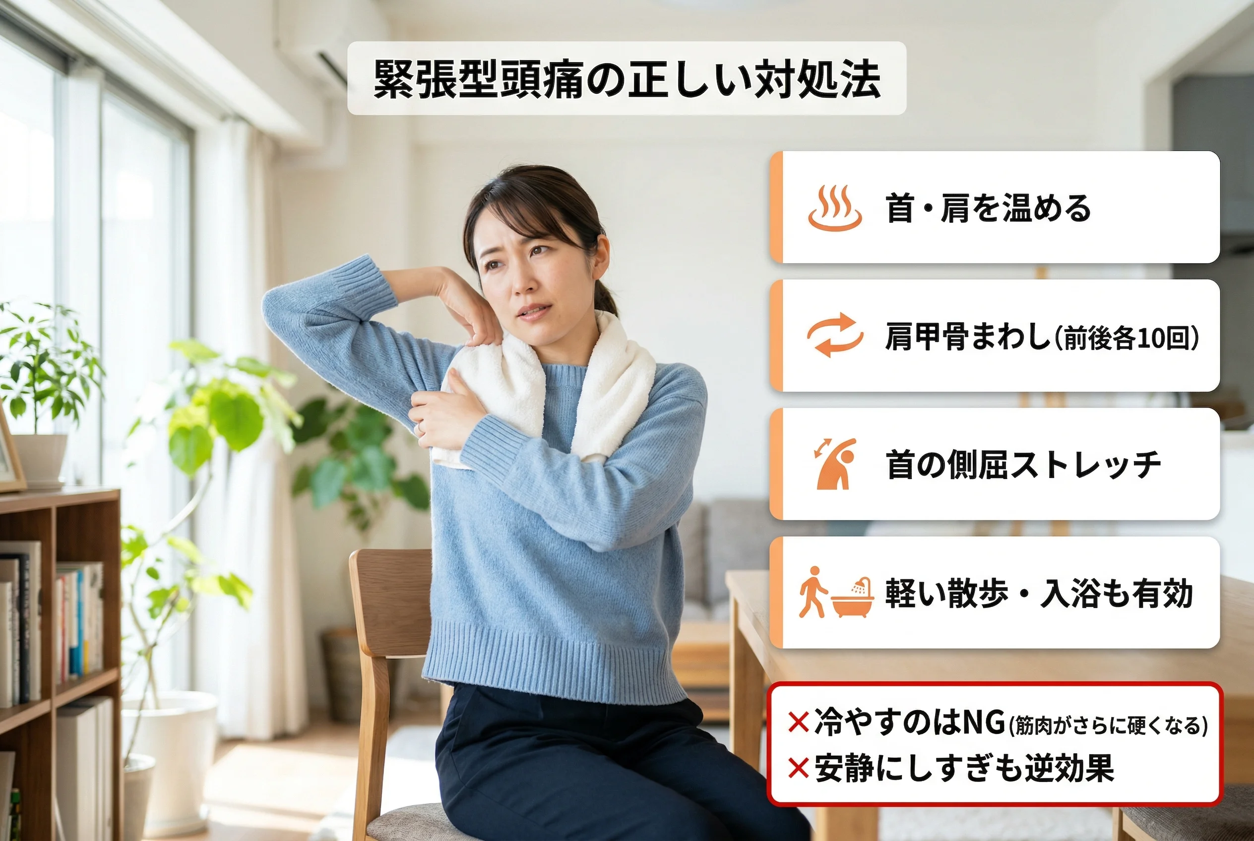 緊張型頭痛の正しい対処法（温める・肩甲骨まわし・ストレッチ）のイメージ図