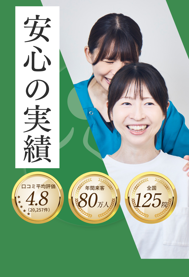 安心の実績｜口コミ平均評価4.8・年間来客80万人・全国125院｜こころ整体院