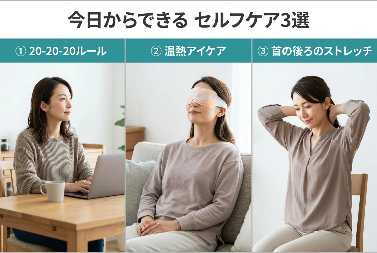 図4：自宅でできる眼精疲労のセルフケア3選