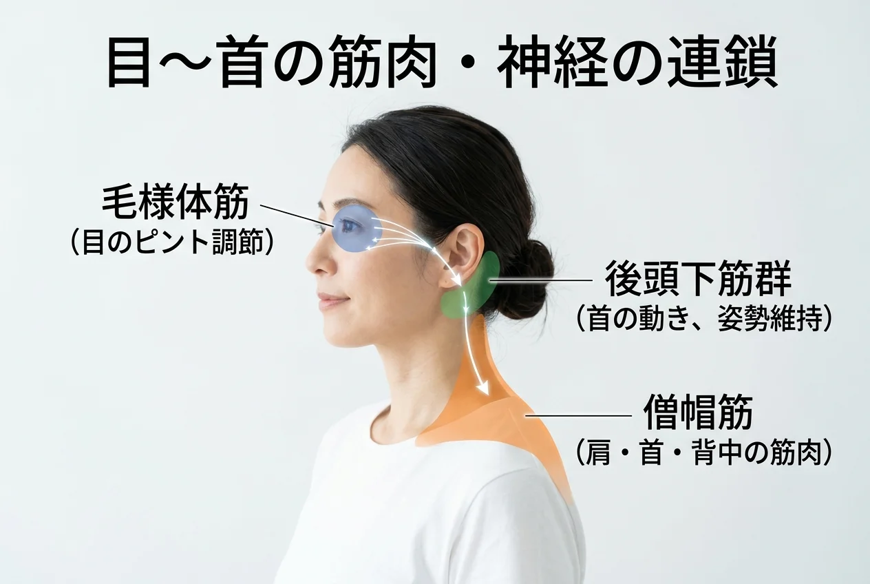 図1：眼精疲労に関連する筋肉・関節・骨格の構造