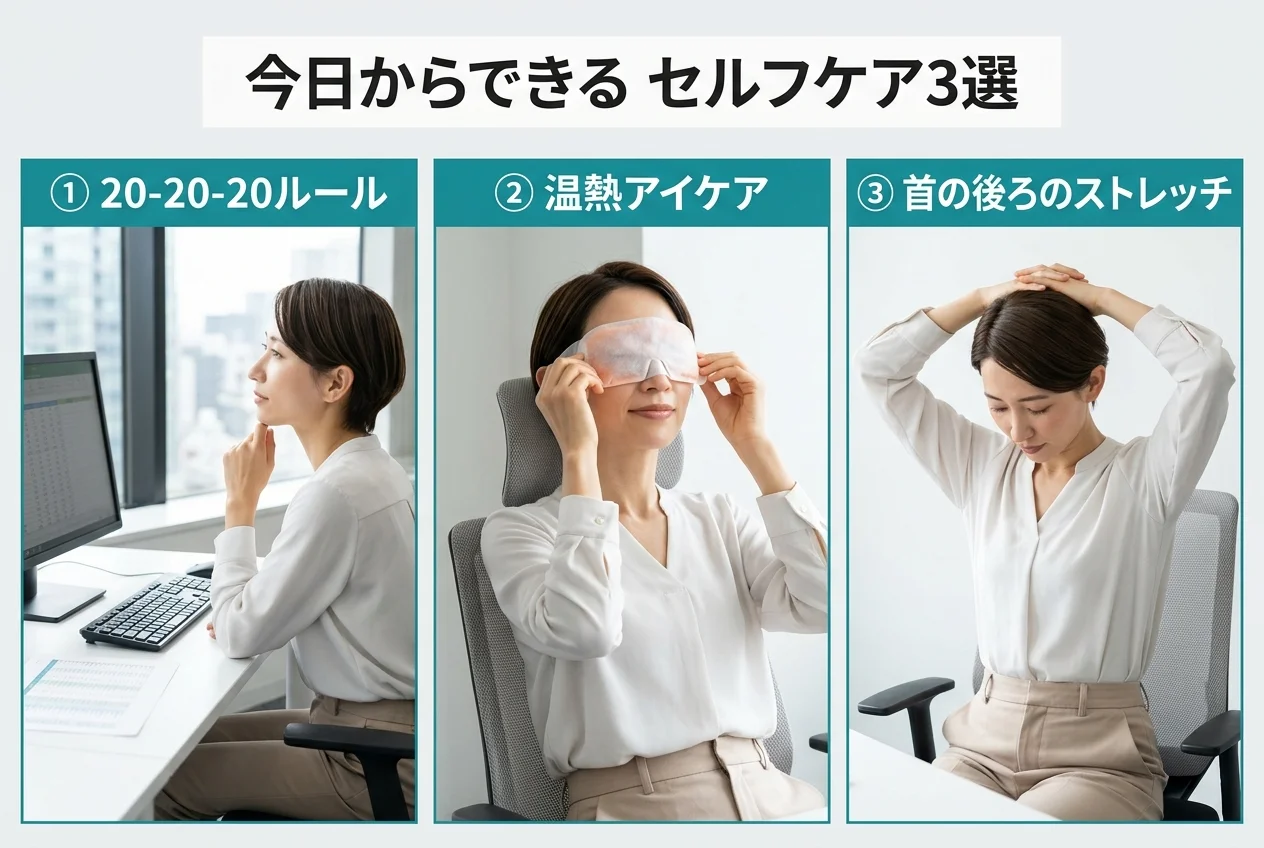 図4：自宅でできる眼精疲労のセルフケア3選