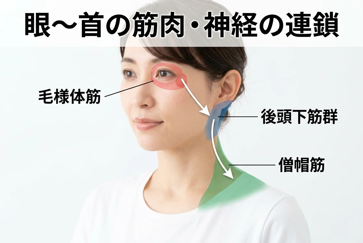 図1：眼精疲労に関連する筋肉・関節・骨格の構造