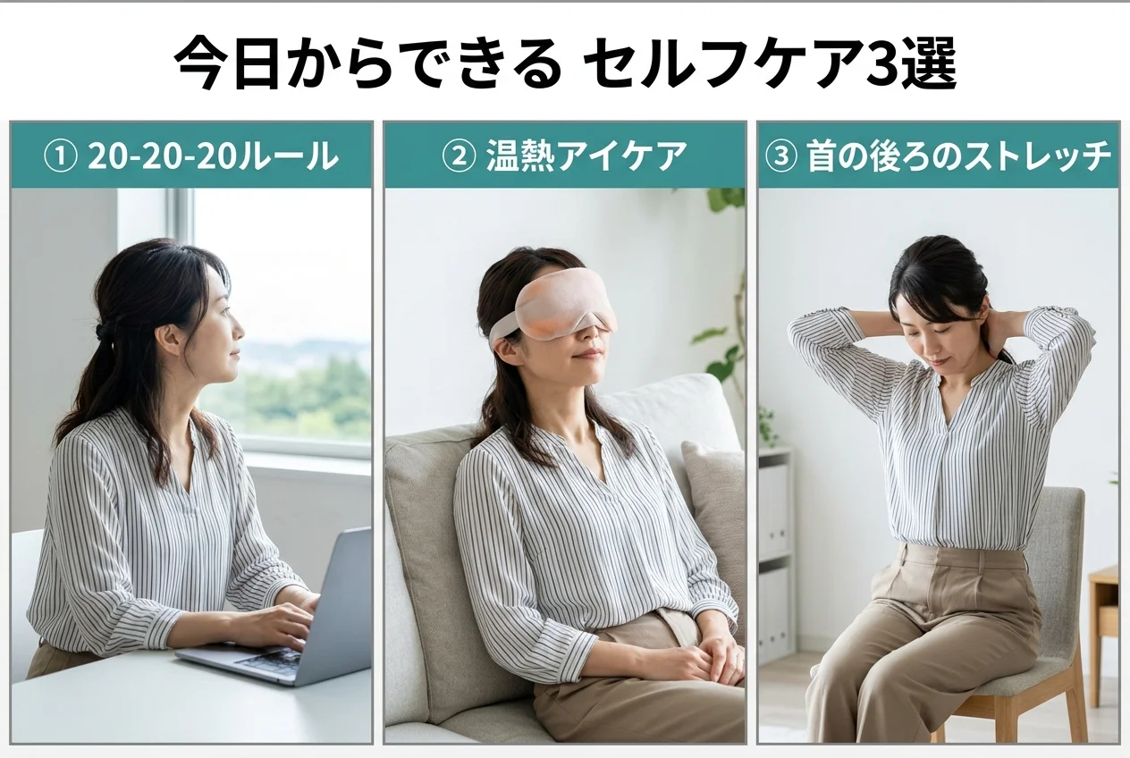 図4：自宅でできる眼精疲労のセルフケア3選