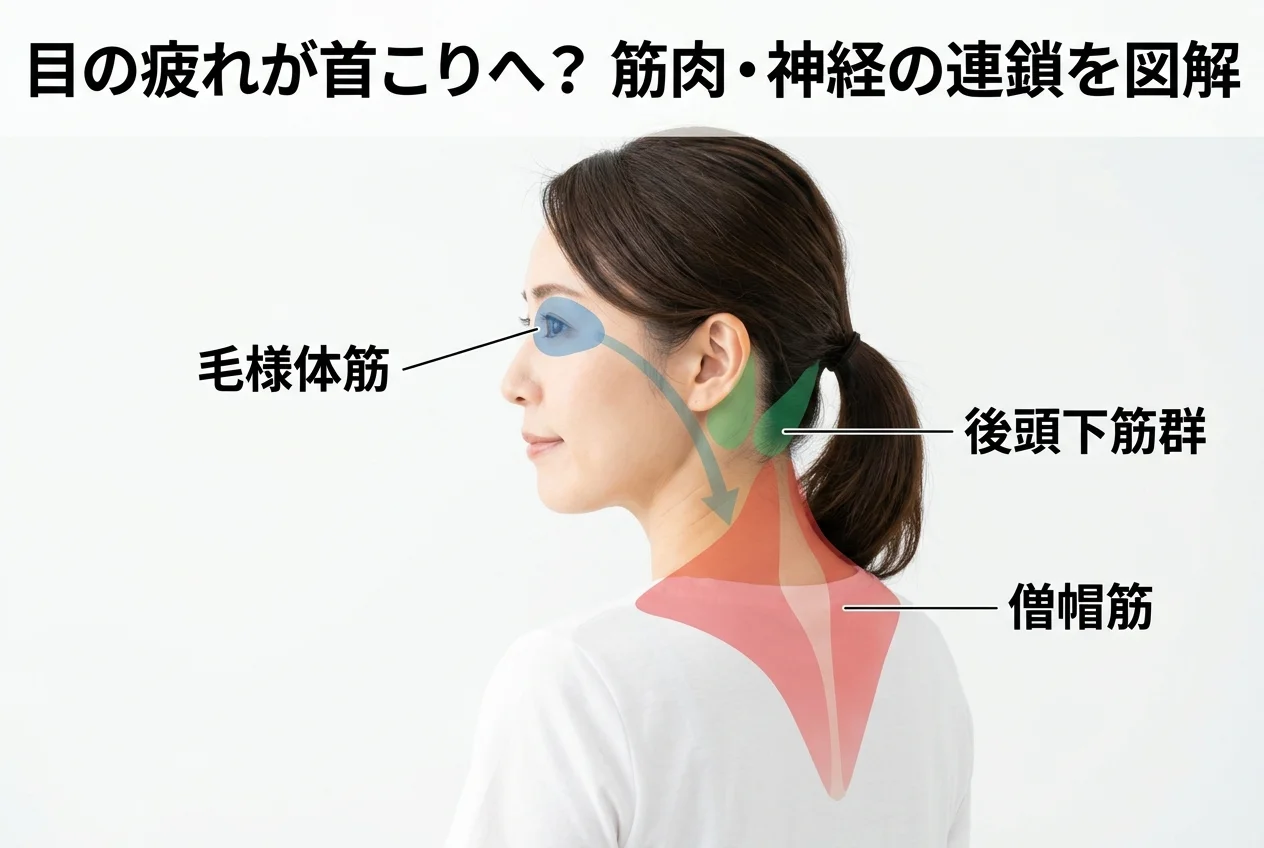 図1：眼精疲労に関連する筋肉・関節・骨格の構造