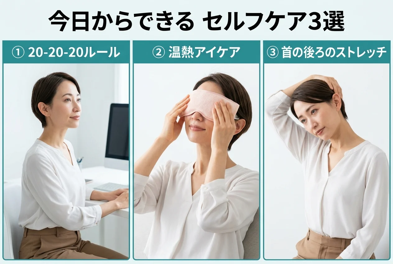 図4：自宅でできる眼精疲労のセルフケア3選