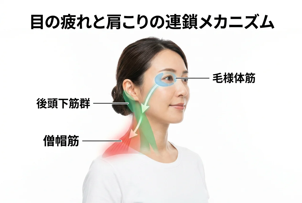 図1：眼精疲労に関連する筋肉・関節・骨格の構造