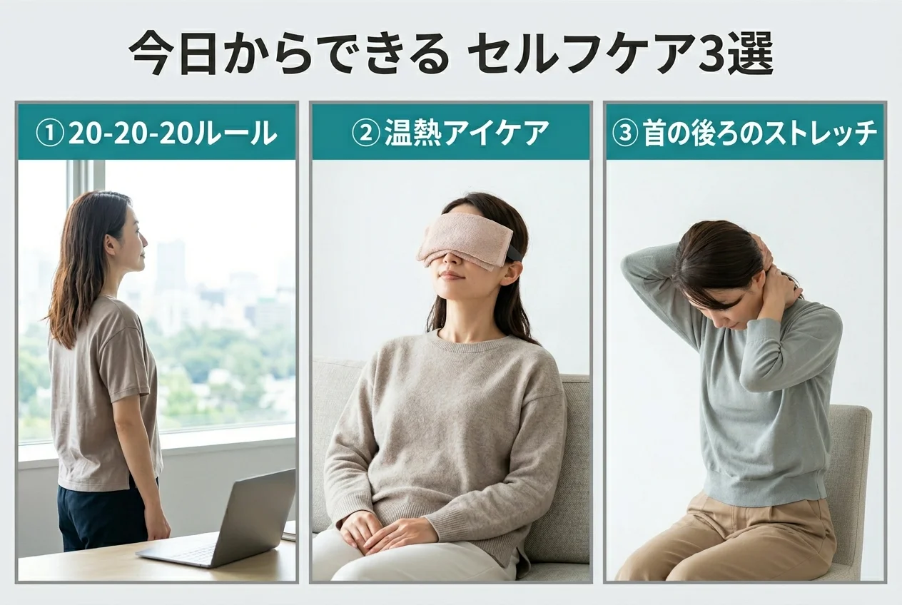 図4：自宅でできる眼精疲労のセルフケア3選
