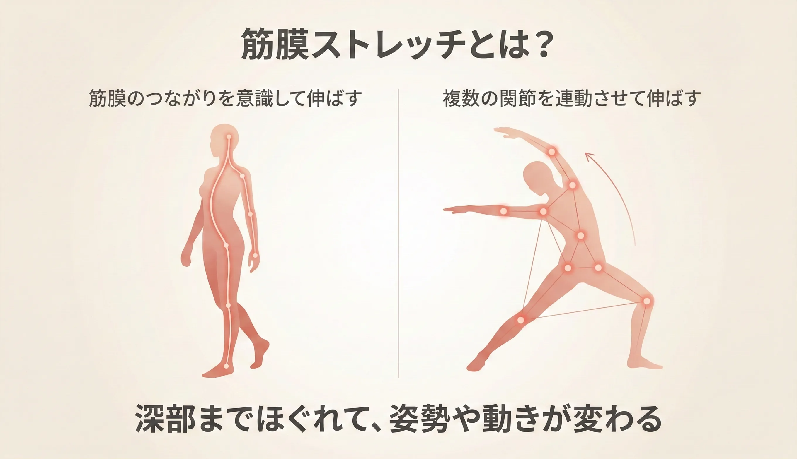 筋膜ストレッチの概念図：筋膜の層間を斜め方向に滑らせることで可動域を改善するアプローチの図解