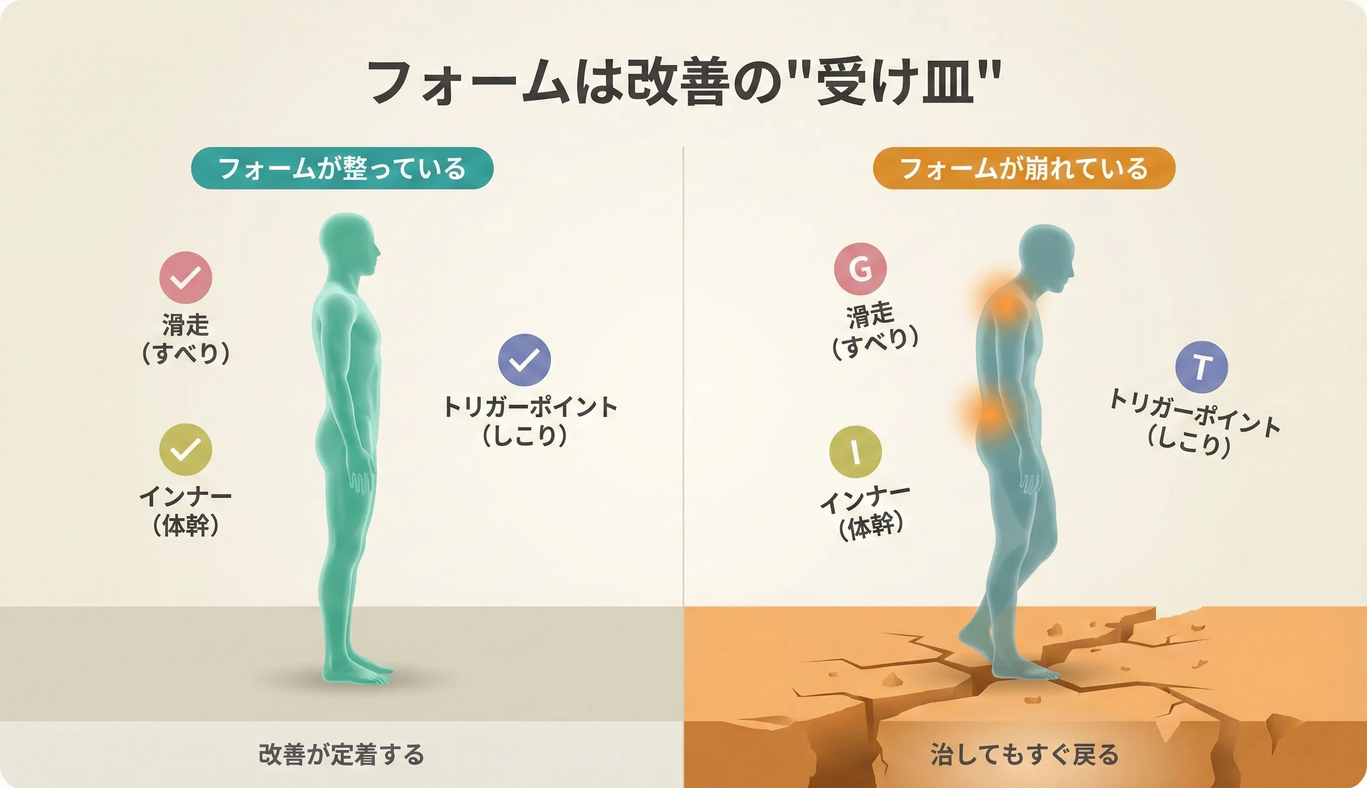 フォーム（F）が整うことでトリガーポイント（T）、滑走（G）、インナー（I）が再発しにくくなる双方向の関係図