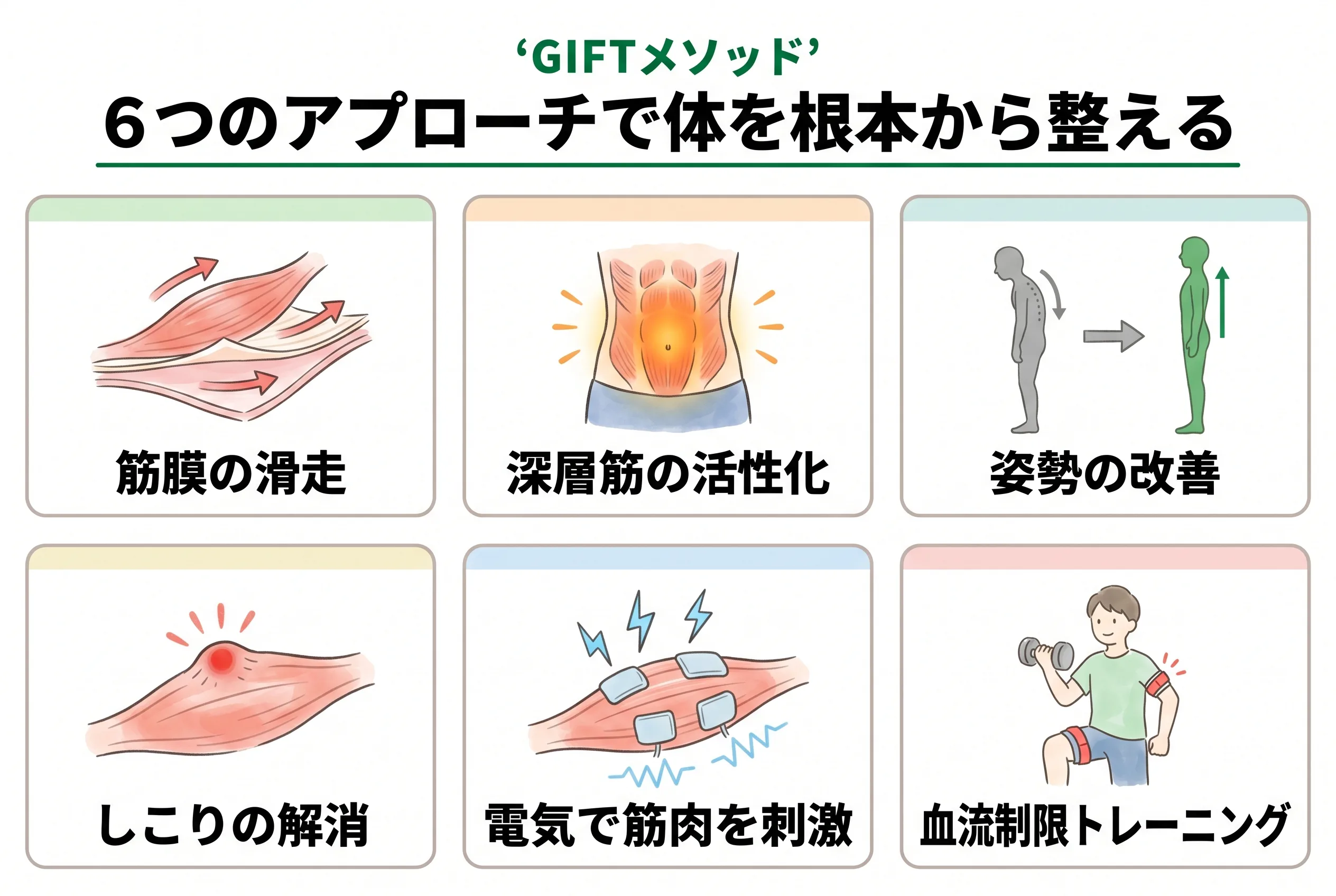 GIFTメソッド：6つのアプローチで体を根本から整える（筋膜の滑走・深層筋の活性化・姿勢の改善・しこりの解消・電気で筋肉を刺激・血流制限トレーニング）