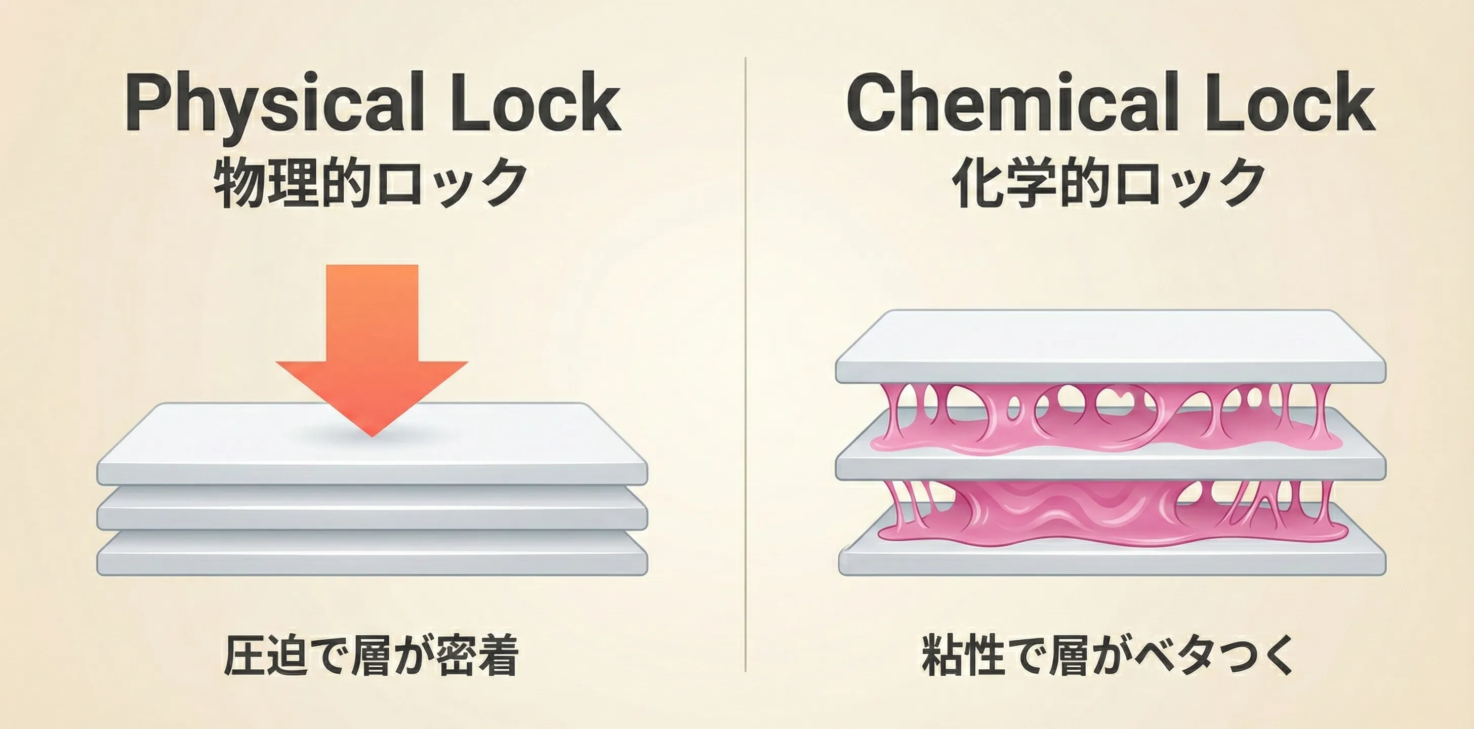 Physical Lock（物理的ロック：圧の増大）とChemical Lock（化学的ロック：潤滑/粘性の変化）の2つの原因を示す概念図