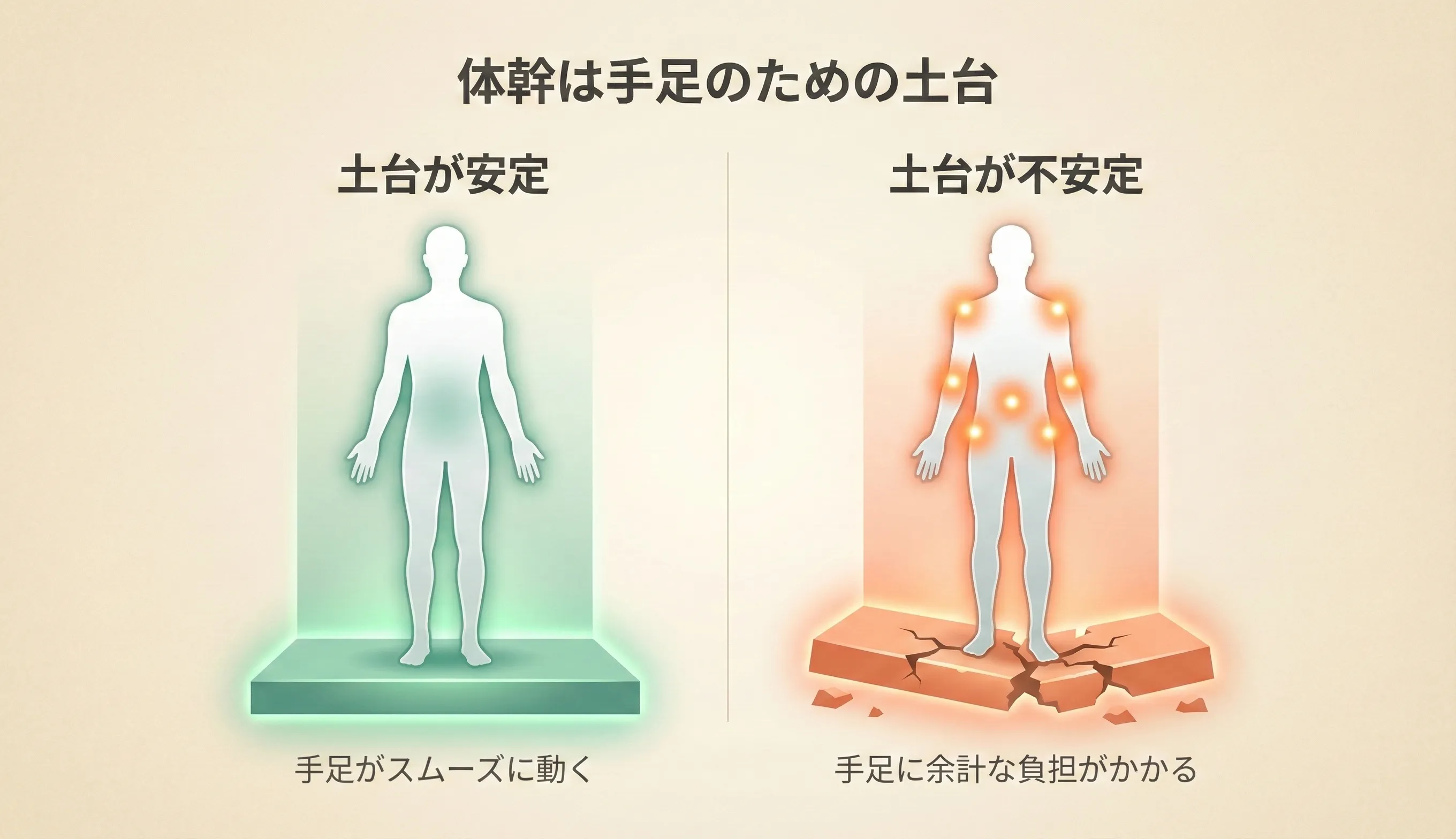 体幹（土台）が不安定だと手足に余計な筋緊張が生じ、フォームが崩れる連鎖のイメージ図