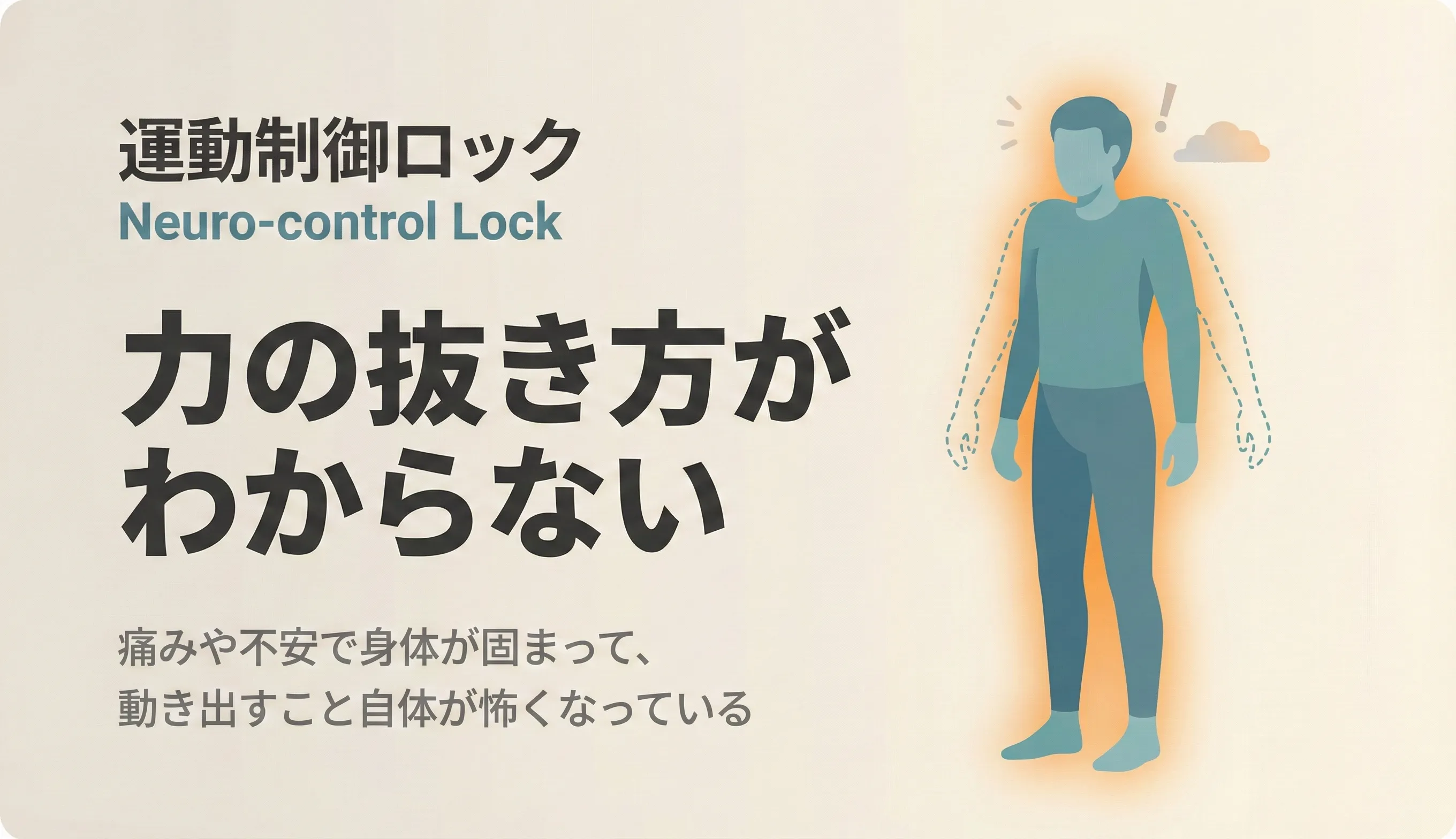 Neuro-control Lock（運動制御ロック）のイメージ：痛み・不安から固める戦略を選び、動きの配分が崩れている状態の図解