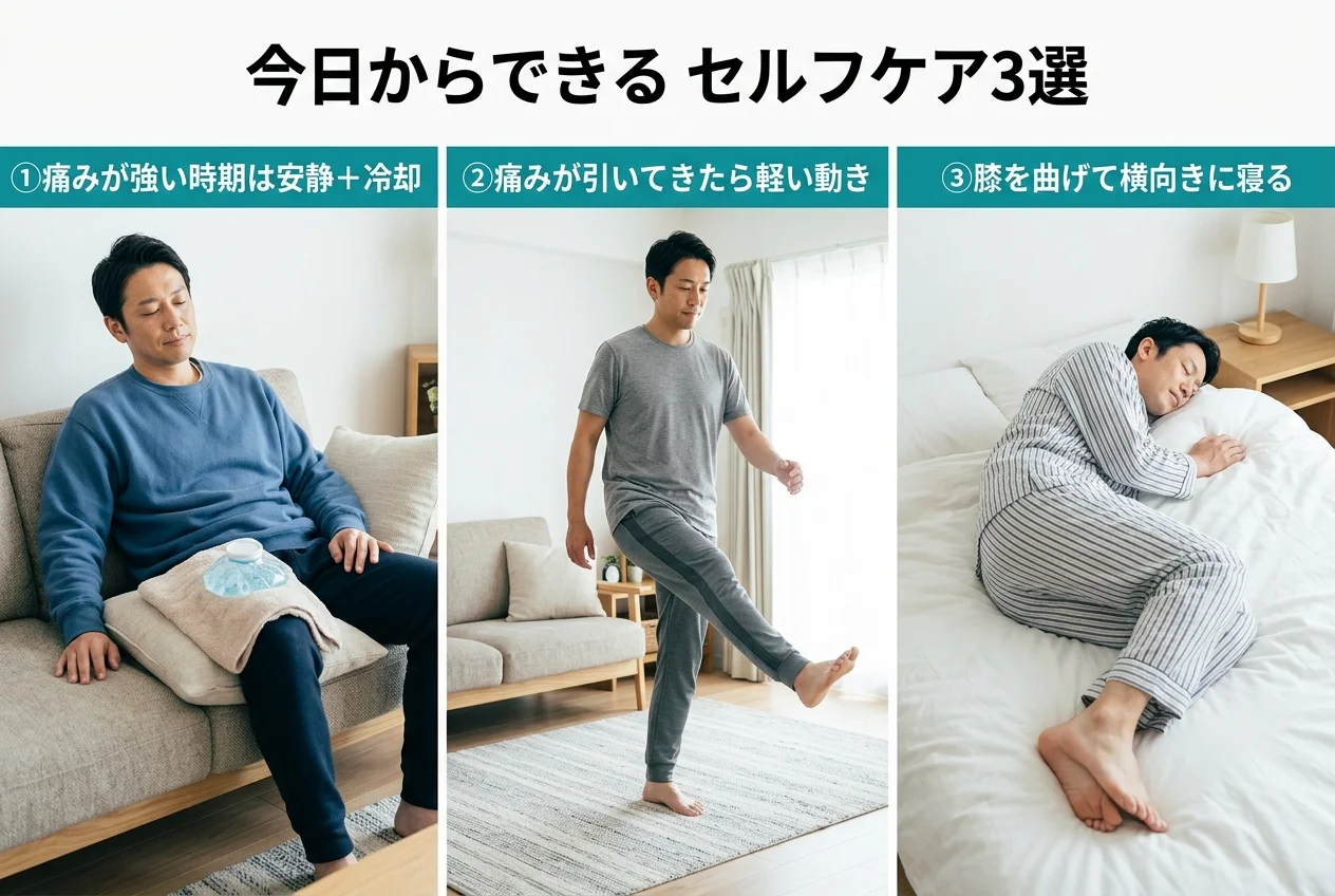 図4：自宅でできるぎっくり腰のセルフケア3選