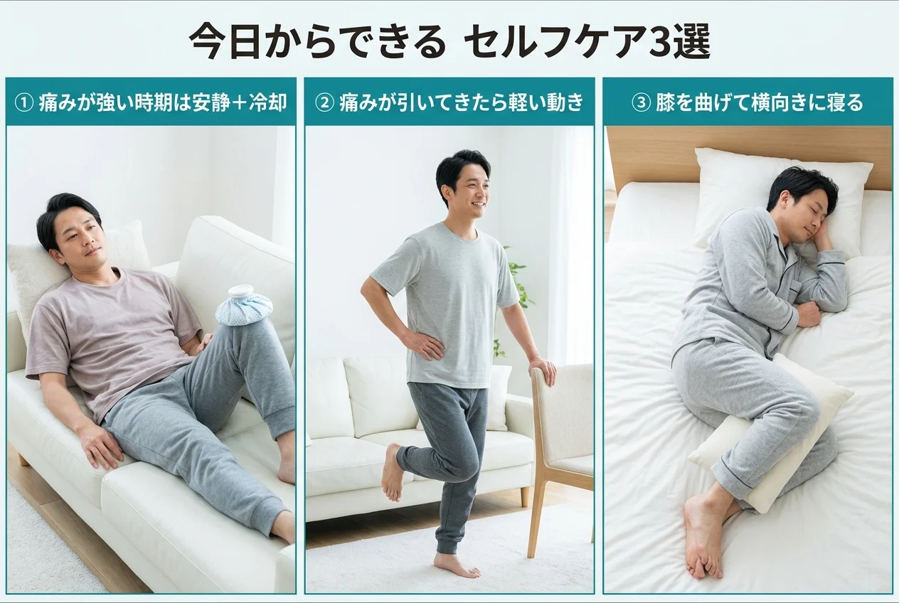 図4：自宅でできるぎっくり腰のセルフケア3選