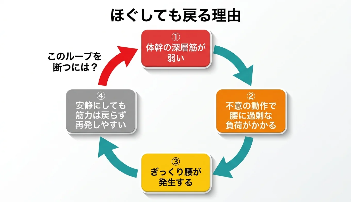 図2：「ほぐしても戻る」悪循環のメカニズム