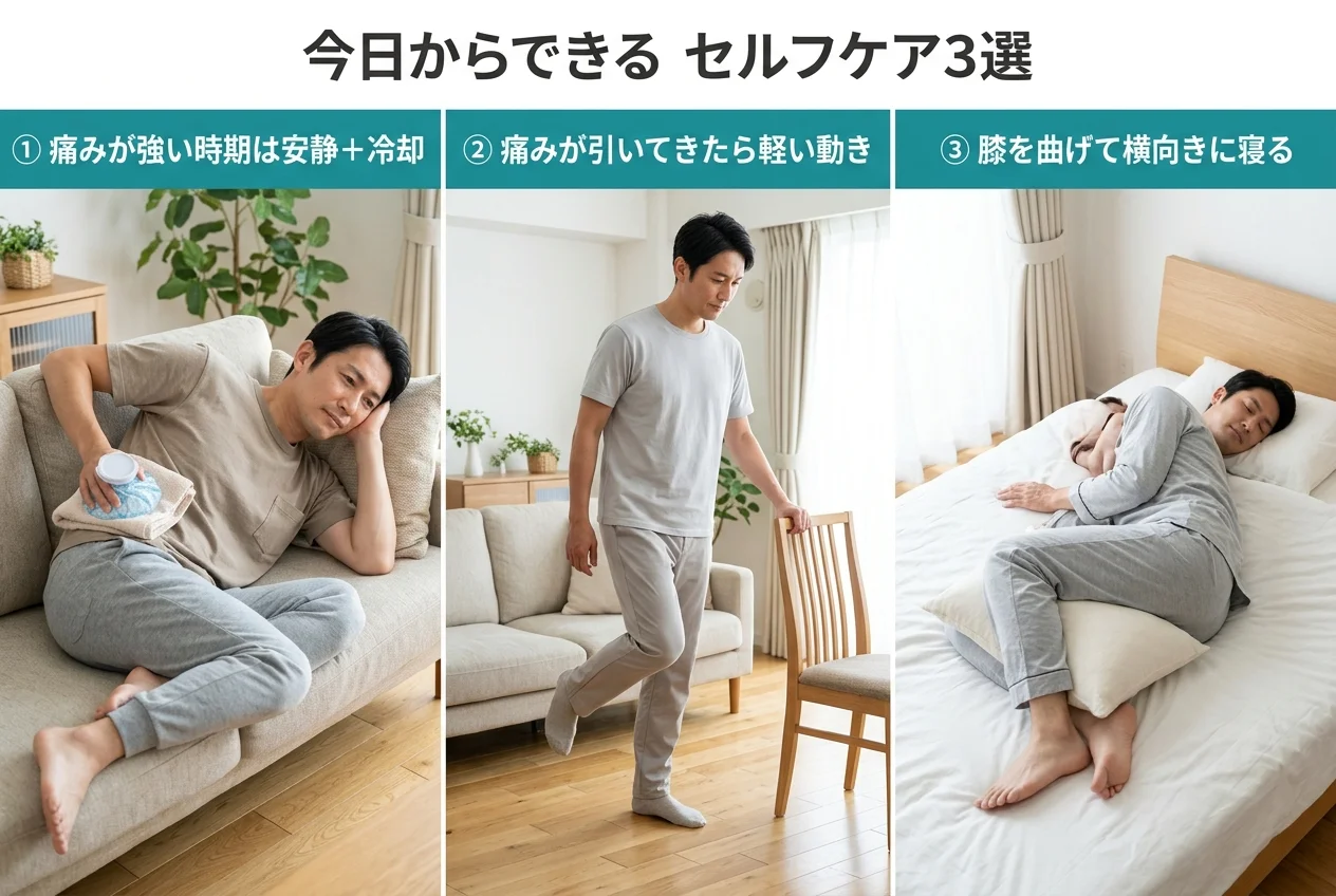 図4：自宅でできるぎっくり腰のセルフケア3選