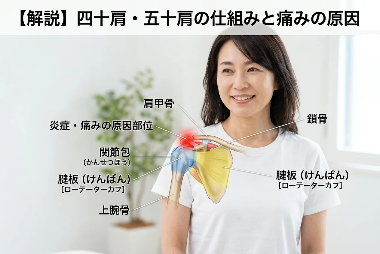 図1：四十肩・五十肩に関連する筋肉・関節・骨格の構造