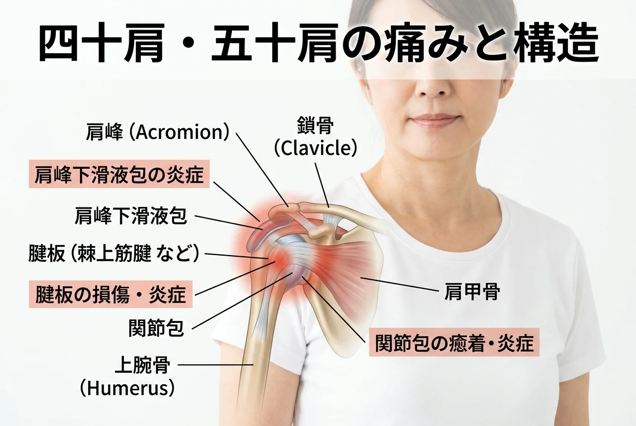 図1：四十肩・五十肩に関連する筋肉・関節・骨格の構造
