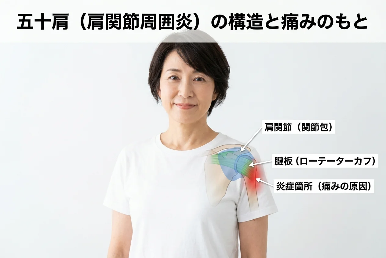 図1：四十肩・五十肩に関連する筋肉・関節・骨格の構造