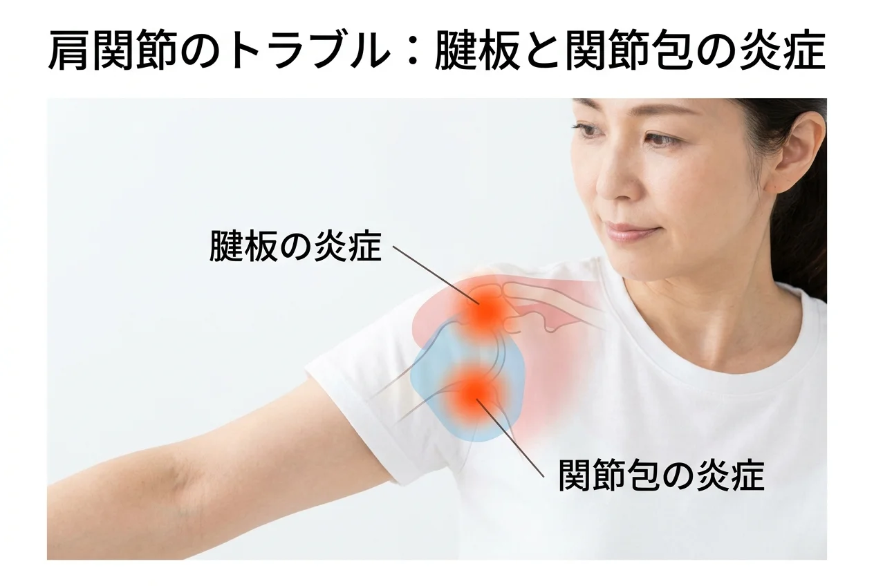 図1：四十肩・五十肩に関連する筋肉・関節・骨格の構造