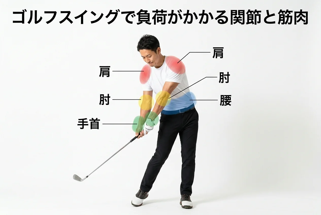 図1：ゴルフに関連する筋肉・関節・骨格の構造