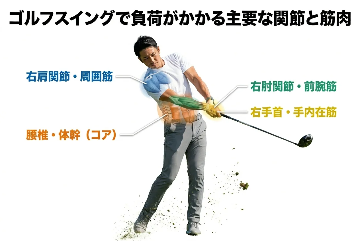図1：ゴルフに関連する筋肉・関節・骨格の構造
