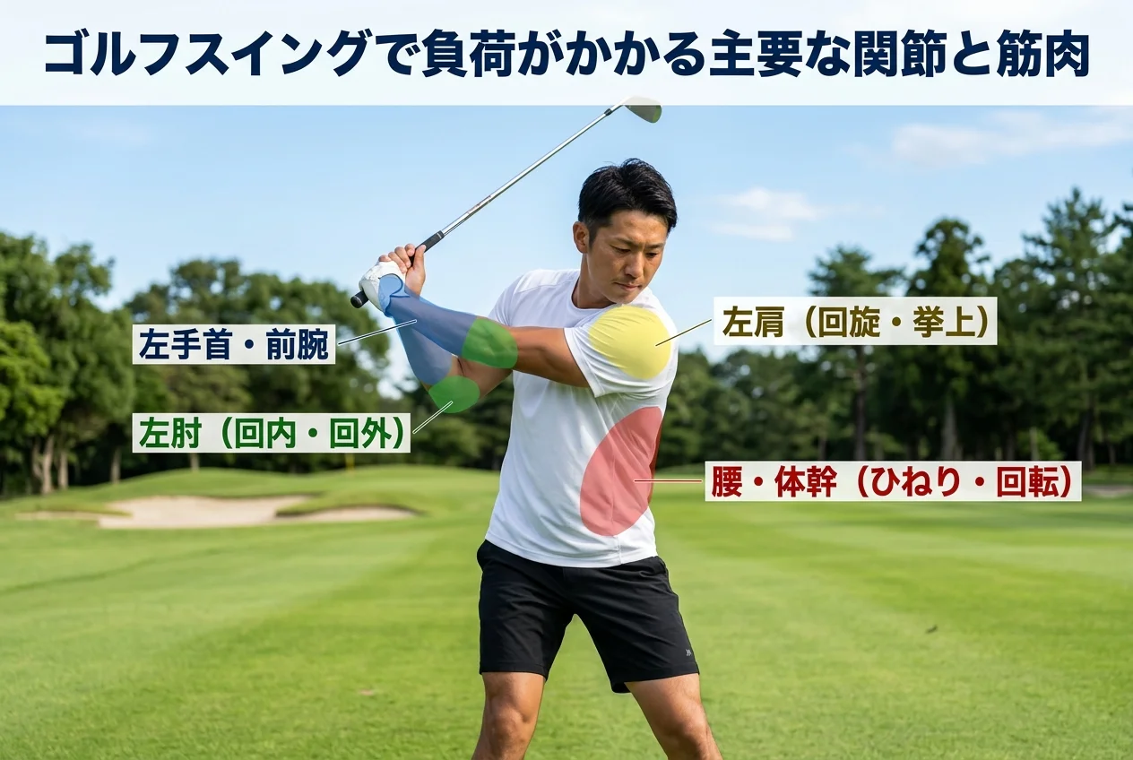図1：ゴルフに関連する筋肉・関節・骨格の構造