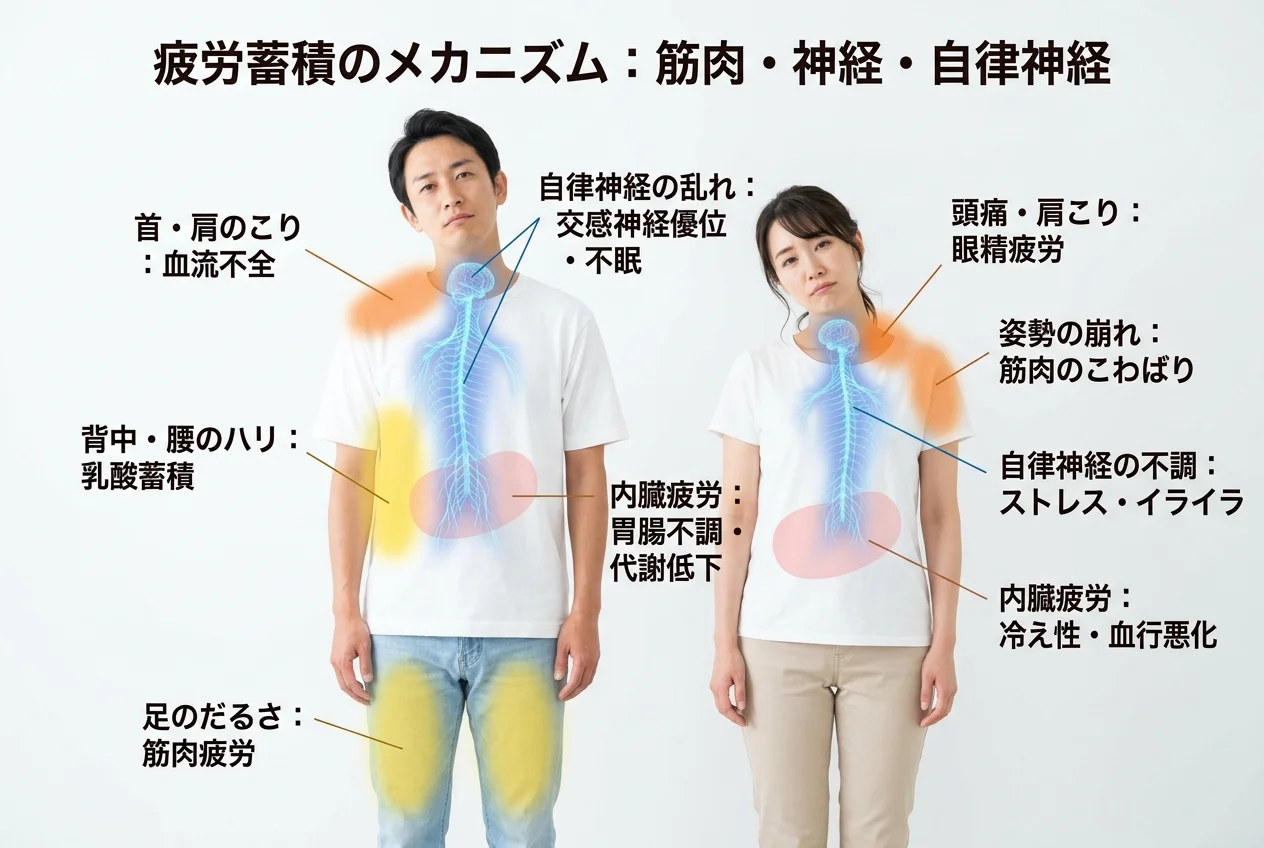 図1：疲労回復に関連する筋肉・関節・骨格の構造