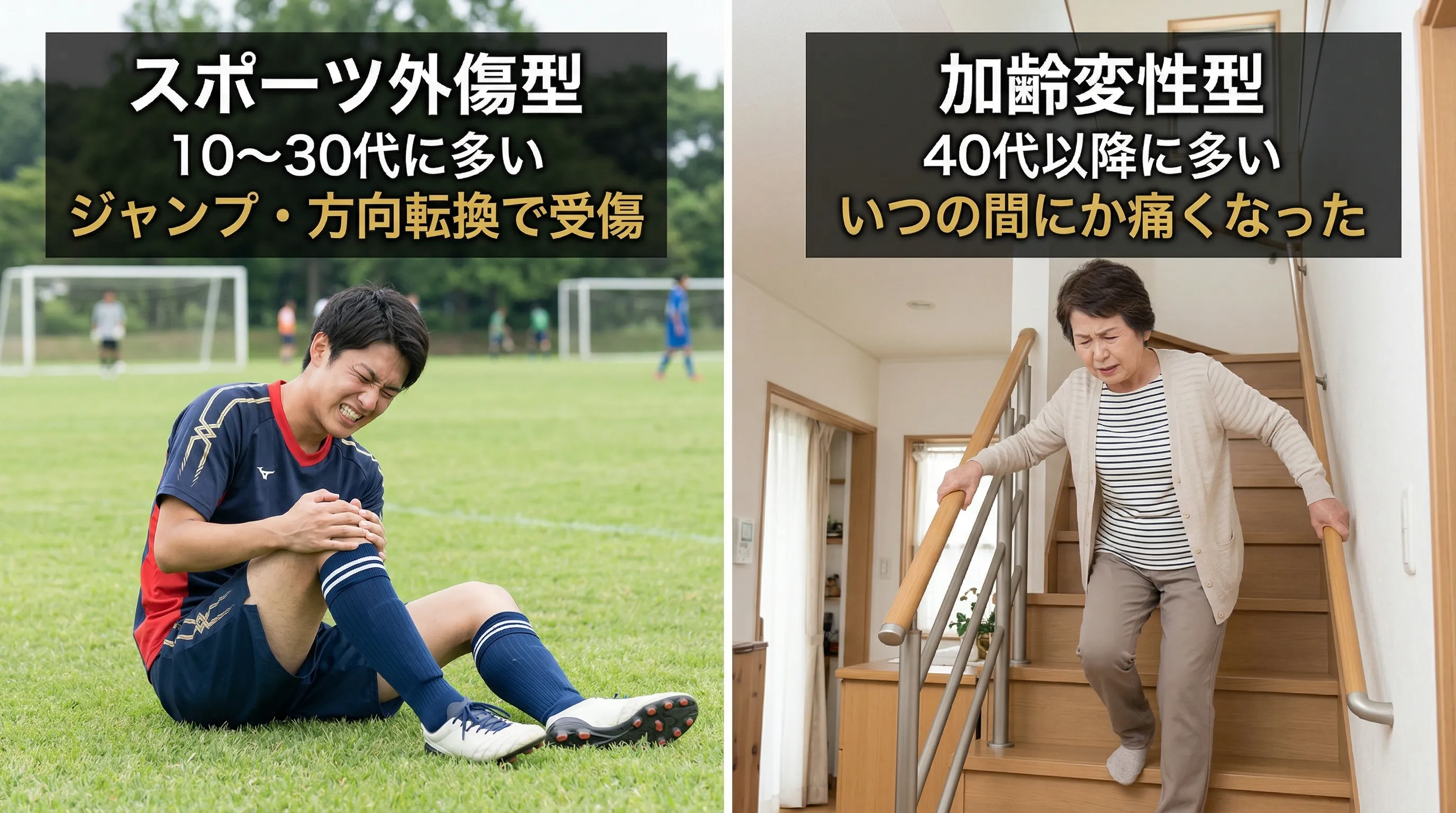 スポーツ外傷型と加齢変性型の違い