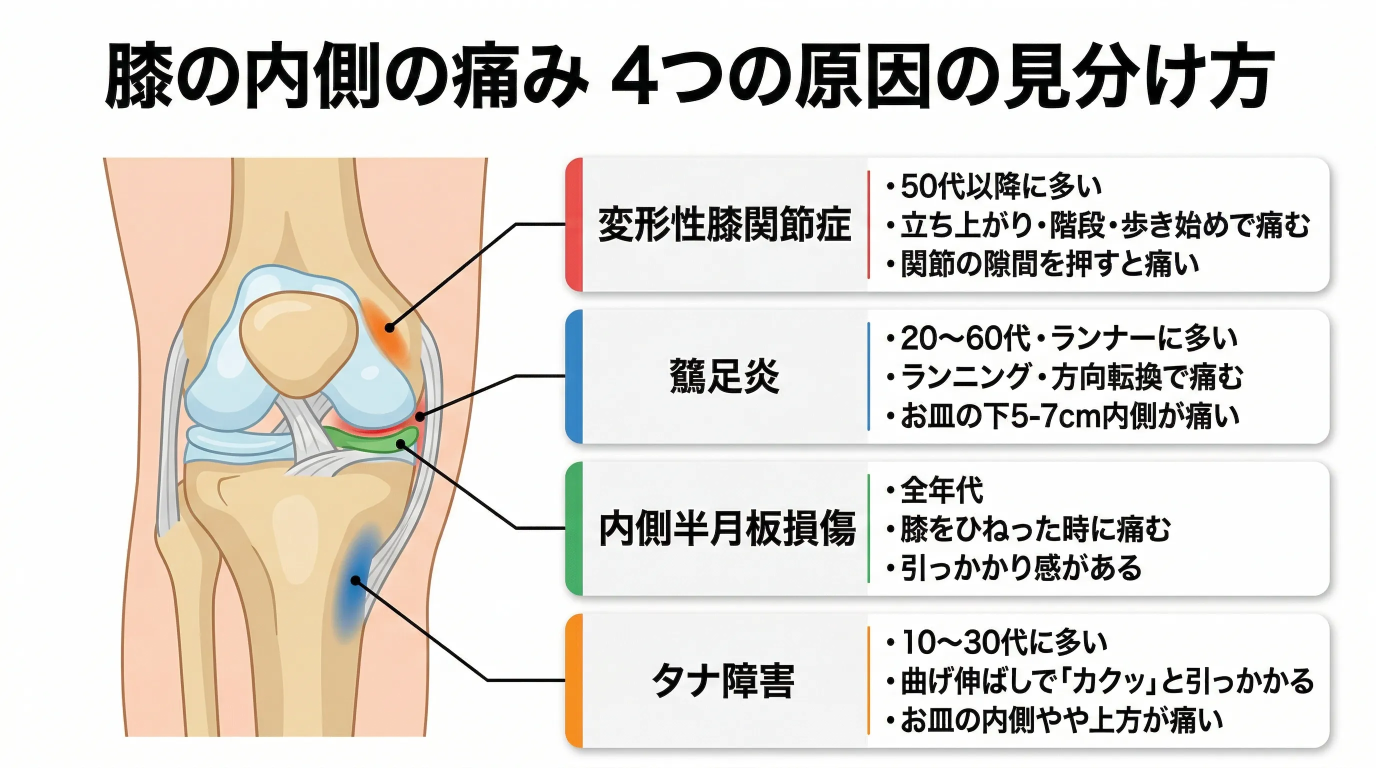 膝の内側の痛み 4つの原因の見分け方