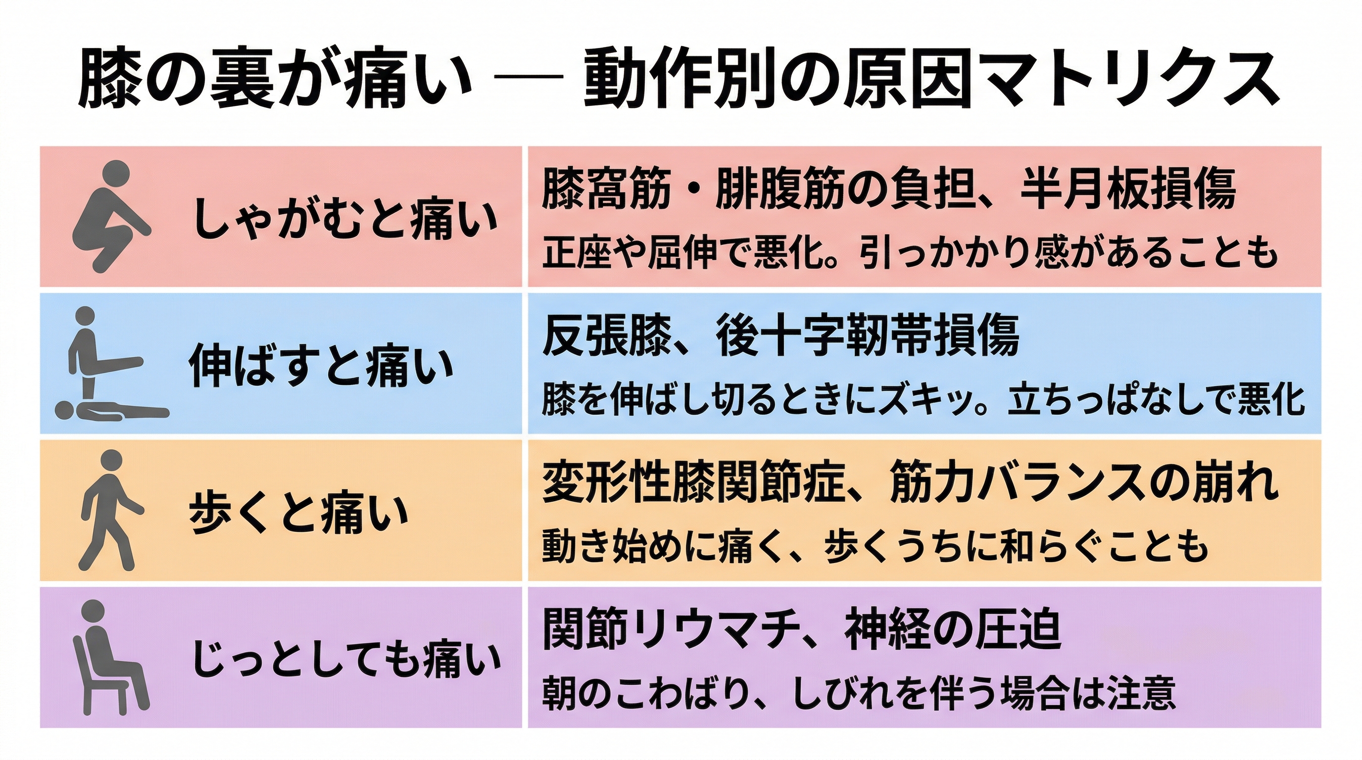 膝の裏が痛い 動作別の原因マトリクス