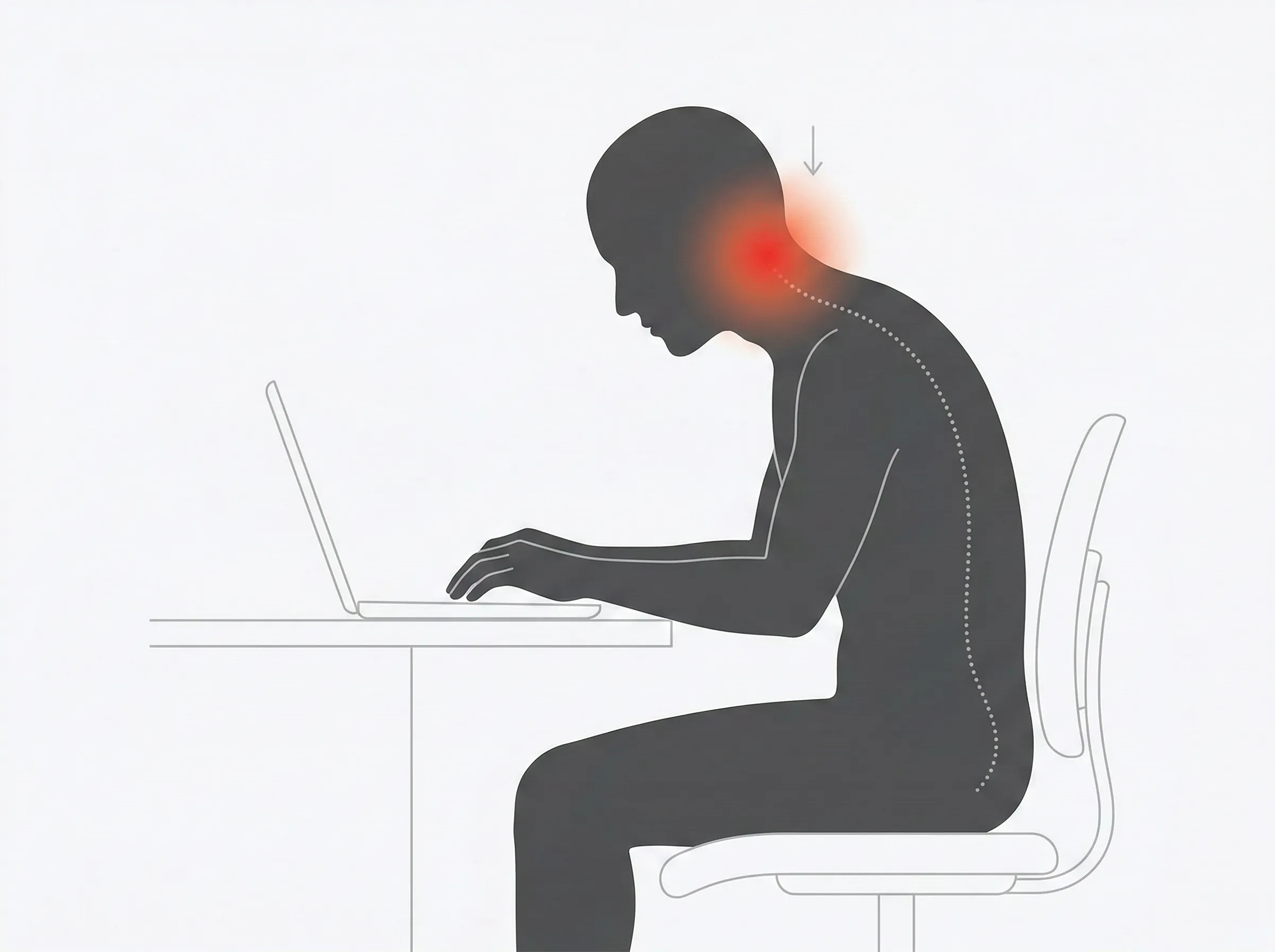 ノートPCを覗き込む姿勢で首の付け根に痛みが出ているイメージ