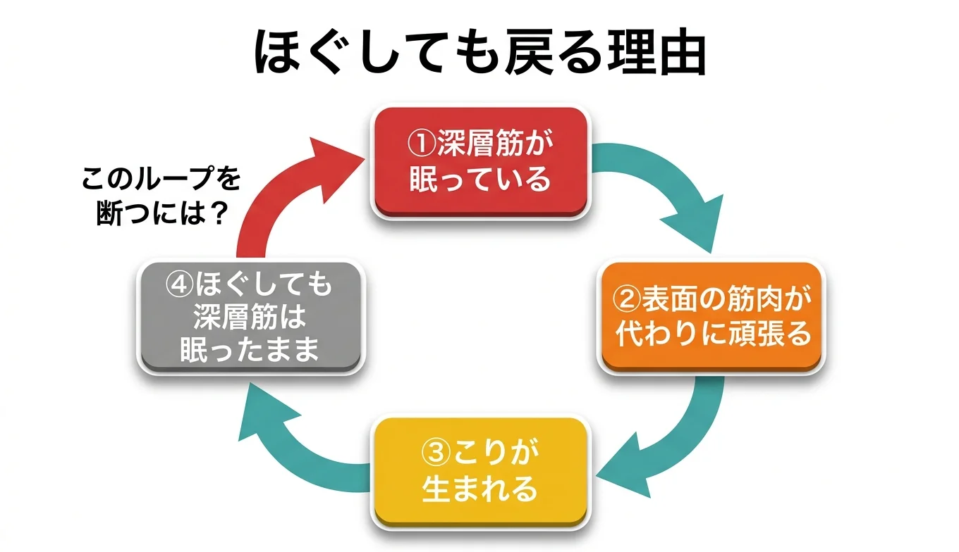 図2：「ほぐしても戻る」悪循環のメカニズム