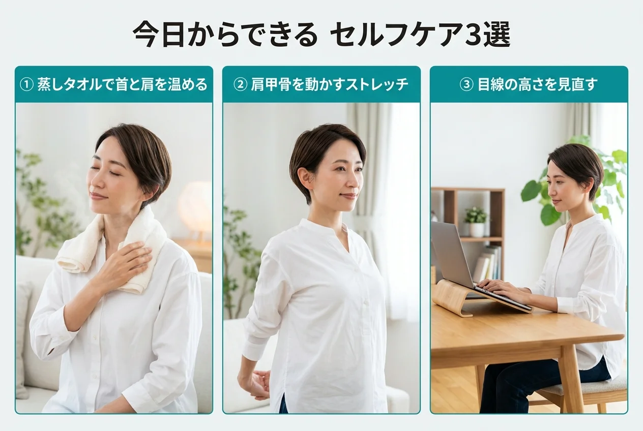 図4：自宅でできる肩こり・首こりのセルフケア3選