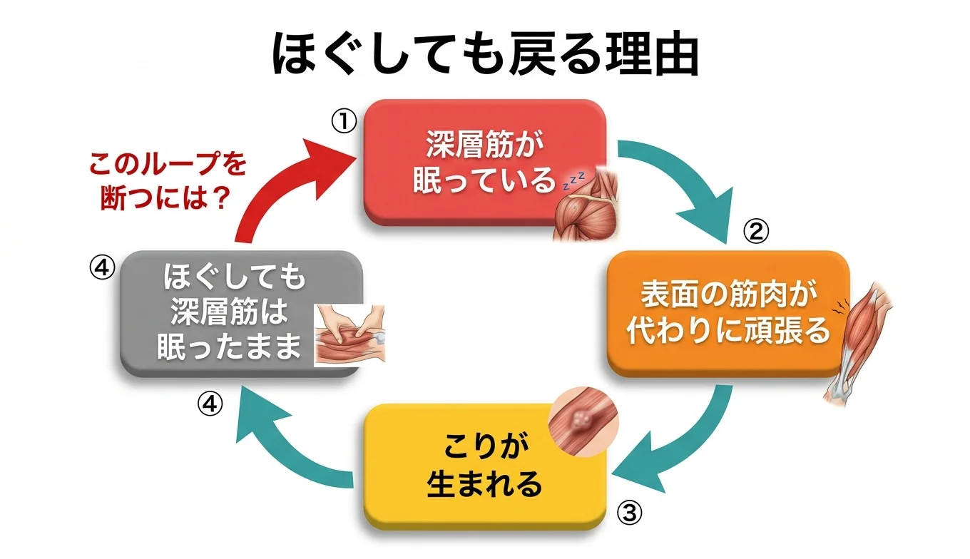 図2：「ほぐしても戻る」悪循環のメカニズム
