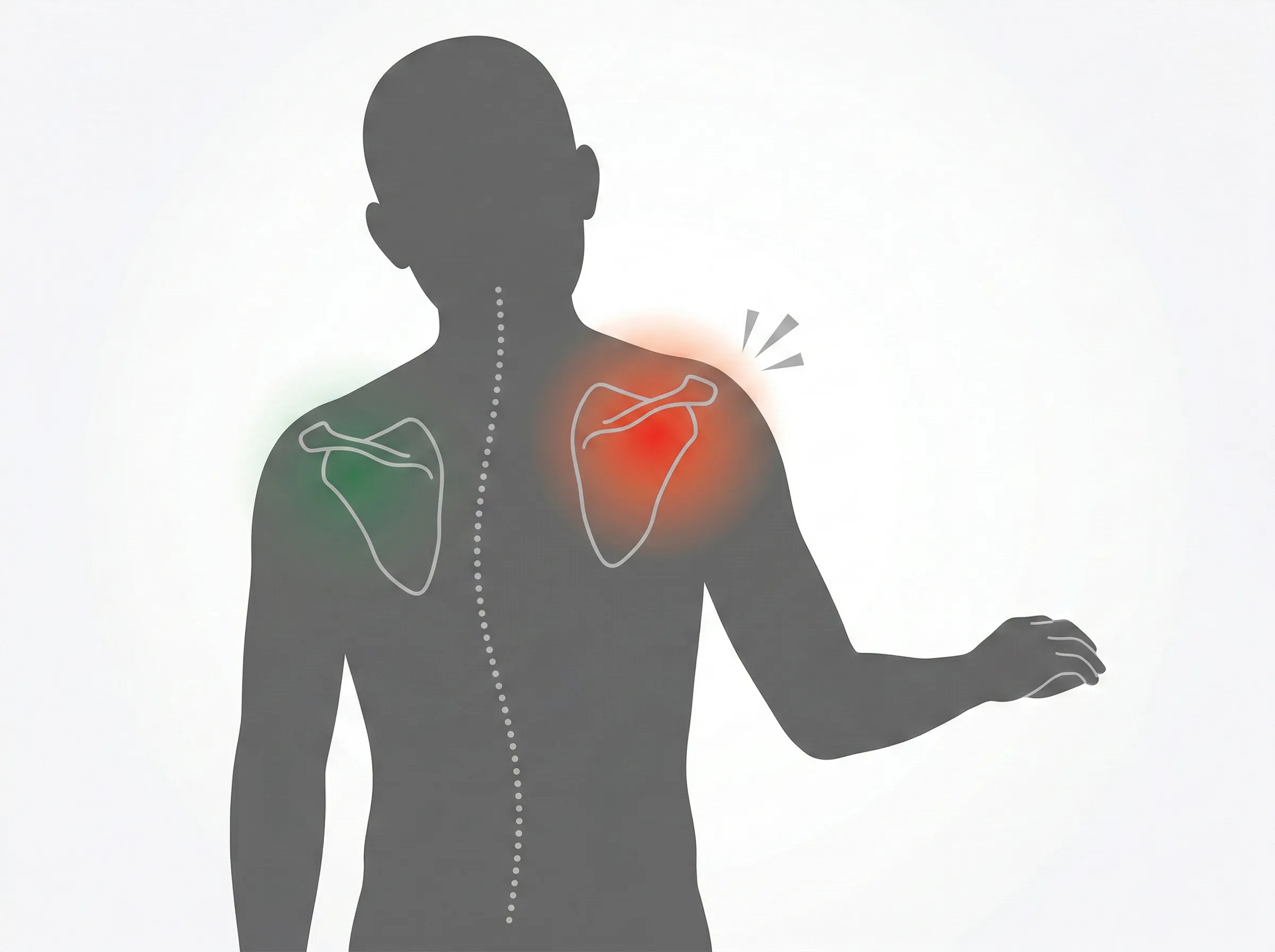 右肩甲骨の上に痛みが集中し左右差があるイメージ