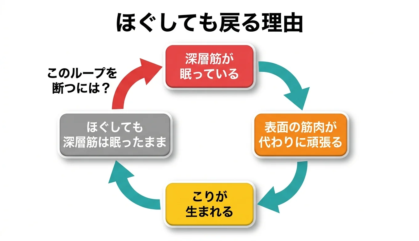 図2：「ほぐしても戻る」悪循環のメカニズム