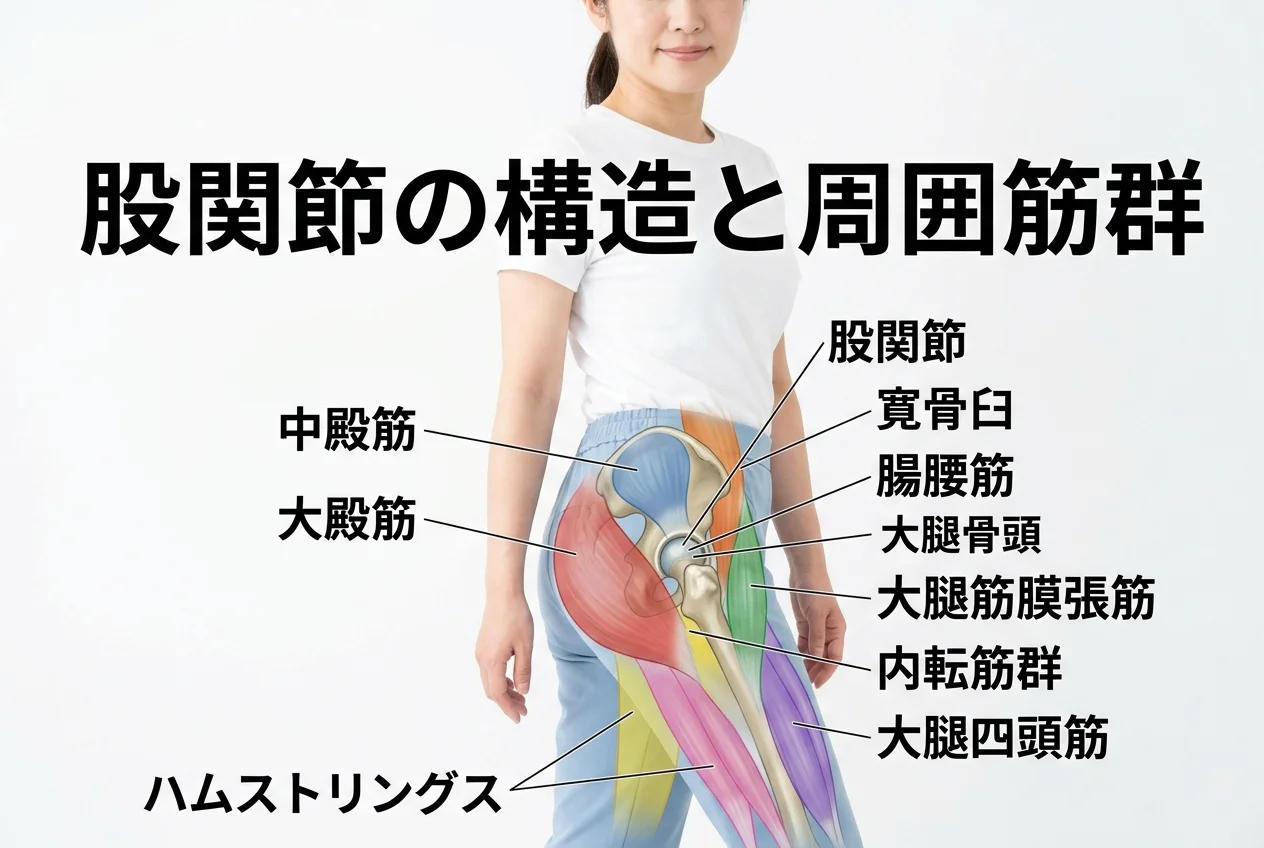 図1：股関節の痛みに関連する筋肉・関節・骨格の構造